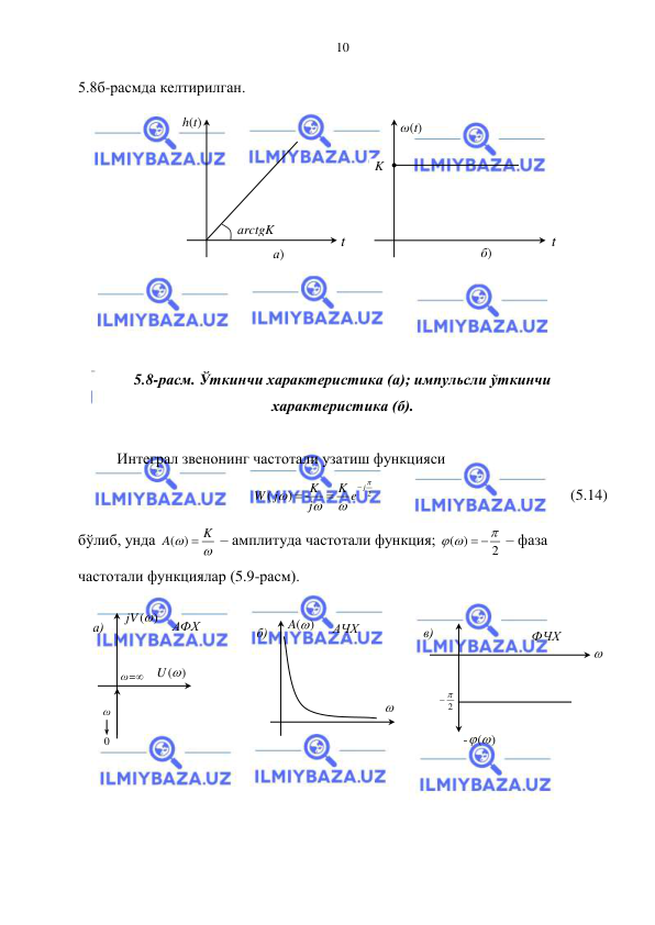  
 
10 
5.8б-расмда келтирилган. 
 
 
 
 
 
 
 
 
 
 
5.8-расм. Ўткинчи характеристика (а); импульсли ўткинчи 
характеристика (б). 
 
Интеграл звенонинг частотали узатиш функцияси  
2
)
(




e j
K
j
K
j
W



 
 
 
 
 
(5.14) 
бўлиб, унда 


K
A
( ) 
 – амплитуда частотали функция; 
2
( )

 
 
 – фаза 
частотали функциялар (5.9-расм). 
 
 
 
 
 
 
 
 
 
 
h(t) 
t  
t  
ω(t) 
K 
а) 
б) 
аrctgK 
jV()
 
U()
 
АФХ  
а) 
ω 
0 
ω=∞ 
A()
 
  
АЧХ  
б) 
-
()
 
  
ФЧХ  
в) 
2
 
 
