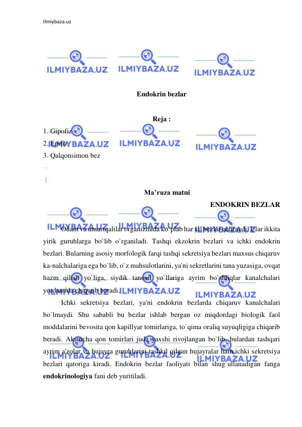 Ilmiybaza.uz 
 
 
 
 
 
 
Endokrin bezlar 
 
Reja : 
1. Gipofiz 
2. Epifiz 
3. Qalqonsimon bez 
 
  
Ma’ruza matni 
ENDOKRIN BEZLAR 
 
 
Odam va umurtqalilar organizmida ko`plab har xil bezlar uchraydi. Ular ikkita 
yirik guruhlarga bo`lib o`rganiladi. Tashqi ekzokrin bezlari va ichki endokrin 
bezlari. Bularning asosiy morfologik farqi tashqi sekretsiya bezlari maxsus chiqaruv 
ka-nalchalariga ega bo`lib, o`z mahsulotlarini, ya'ni sekretlarini tana yuzasiga, ovqat 
hazm qilish yo`liga, siydik tanosil yo`llariga ayrim bo`shliqlar kanalchalari 
yordamida chiqarib beradi. 
 
Ichki sekretsiya bezlari, ya'ni endokrin bezlarda chiqaruv kanalchalari 
bo`lmaydi. Shu sababli bu bezlar ishlab bergan oz miqdordagi biologik faol 
moddalarini bevosita qon kapillyar tomirlariga, to`qima oraliq suyuqligiga chiqarib 
beradi. Aksincha qon tomirlari juda yaxshi rivojlangan bo`lib, bulardan tashqari 
ayrim a'zolar va hujayra guruhlarini tashkil qilgan hujayralar ham ichki sekretsiya 
bezlari qatoriga kiradi. Endokrin bezlar faoliyati bilan shug`ullanadigan fanga 
endokrinologiya fani deb yuritiladi. 
