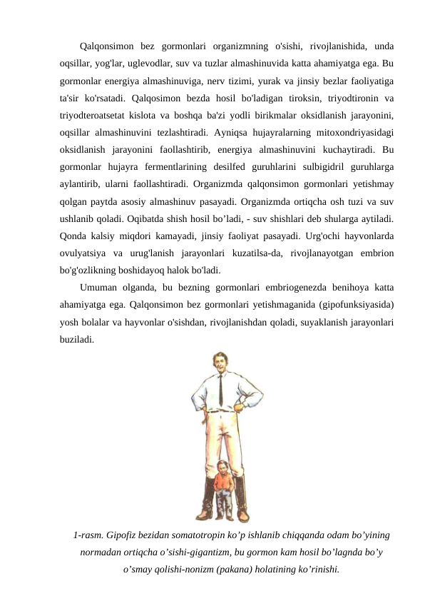 Qalqonsimon  bez  gormonlari  organizmning  o'sishi,  rivojlanishida,  unda
oqsillar, yog'lar, uglevodlar, suv va tuzlar almashinuvida katta ahamiyatga ega. Bu
gormonlar energiya almashinuviga, nerv tizimi, yurak va jinsiy bezlar faoliyatiga
ta'sir  ko'rsatadi.  Qalqosimon  bezda  hosil  bo'ladigan  tiroksin,  triyodtironin  va
triyodteroatsetat kislota va boshqa ba'zi yodli birikmalar oksidlanish jarayonini,
oqsillar  almashinuvini  tezlashtiradi.  Ayniqsa  hujayralarning mitoxondriyasidagi
oksidlanish  jarayonini  faollashtirib,  energiya  almashinuvini  kuchaytiradi.  Bu
gormonlar  hujayra  fermentlarining  desilfed  guruhlarini  sulbigidril  guruhlarga
aylantirib, ularni faollashtiradi. Organizmda qalqonsimon gormonlari yetishmay
qolgan paytda asosiy almashinuv pasayadi. Organizmda ortiqcha osh tuzi va suv
ushlanib qoladi. Oqibatda shish hosil bo’ladi, - suv shishlari deb shularga aytiladi.
Qonda kalsiy miqdori kamayadi, jinsiy faoliyat pasayadi. Urg'ochi hayvonlarda
ovulyatsiya  va  urug'lanish  jarayonlari  kuzatilsa-da,  rivojlanayotgan  embrion
bo'g'ozlikning boshidayoq halok bo'ladi.
Umuman  olganda,  bu  bezning  gormonlari  embriogenezda  benihoya  katta
ahamiyatga ega. Qalqonsimon bez gormonlari yetishmaganida (gipofunksiyasida)
yosh bolalar va hayvonlar o'sishdan, rivojlanishdan qoladi, suyaklanish jarayonlari
buziladi.
1-rasm. Gipofiz bezidan somatotropin ko’p ishlanib chiqqanda odam bo’yining
normadan ortiqcha o’sishi-gigantizm, bu gormon kam hosil bo’lagnda bo’y
o’smay qolishi-nonizm (pakana) holatining ko’rinishi.

