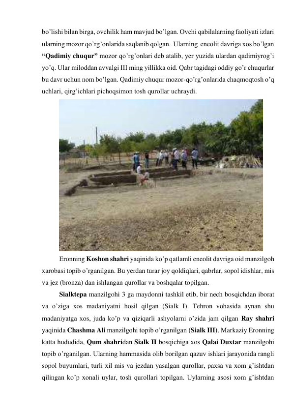 bo’lishi bilan birga, ovchilik ham mavjud bo’lgan. Ovchi qabilalarning faoliyati izlari 
ularning mozor qo’rg’onlarida saqlanib qolgan.  Ularning  eneolit davriga xos bo’lgan 
“Qadimiy chuqur” mozor qo’rg’onlari deb atalib, yer yuzida ulardan qadimiyrog’i 
yo’q. Ular miloddan avvalgi III ming yillikka oid. Qabr tagidagi oddiy go’r chuqurlar 
bu davr uchun nom bo’lgan. Qadimiy chuqur mozor-qo’rg’onlarida chaqmoqtosh o’q 
uchlari, qirg’ichlari pichoqsimon tosh qurollar uchraydi. 
 
Eronning Koshon shahri yaqinida ko’p qatlamli eneolit davriga oid manzilgoh 
xarobasi topib o’rganilgan. Bu yerdan turar joy qoldiqlari, qabrlar, sopol idishlar, mis 
va jez (bronza) dan ishlangan qurollar va boshqalar topilgan.   
Sialktepa manzilgohi 3 ga maydonni tashkil etib, bir nech bosqichdan iborat 
va o’ziga xos madaniyatni hosil qilgan (Sialk I). Tehron vohasida aynan shu 
madaniyatga xos, juda ko’p va qiziqarli ashyolarni o’zida jam qilgan Ray shahri 
yaqinida Chashma Ali manzilgohi topib o’rganilgan (Sialk III). Markaziy Eronning 
katta hududida, Qum shahridan Sialk II bosqichiga xos Qalai Duxtar manzilgohi 
topib o’rganilgan. Ularning hammasida olib borilgan qazuv ishlari jarayonida rangli 
sopol buyumlari, turli xil mis va jezdan yasalgan qurollar, paxsa va xom g’ishtdan 
qilingan ko’p xonali uylar, tosh qurollari topilgan. Uylarning asosi xom g’ishtdan 
