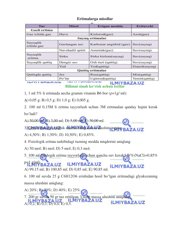  
 
Eritmalarga misollar 
 
Bilimni sinab kо‘rish uchun testlar 
1. 1 ml 5% li eritmada necha gramm vitamin B6 bor (ρ=1g/ ml): 
A) 0,05 g; B) 0,5 g; D) 1,0 g; E) 0,005 g. 
2. 100 ml 0,15M li eritma tayyorlash uchun 3M eritmadan qanday hajmi kerak 
boʻladi? 
A) 50,00 ml; B) 3,00 ml; D) 5,00 ml; E) 30,00 ml. 
3. Glyukozaning izotonik eritmasining massa ulushini toping 
A) 4,50%; B) 1,50%; D) 10,50%; E) 0,85%. 
4. Fiziologik eritma tarkibidagi tuzning modda miqdorini aniqlang 
A) 50 mol; B) mol; D) 5 mol; E) 0,3 mol. 
5. 100 ml fziologik eritma tayyorlash uchun qancha suv kerak? W%(NaCl)=0,85% 
p=1 g/ml) 
A) 99,15 ml; B) 100,85 ml; D) 0,85 ml; E) 90,85 ml. 
6. 100 ml suvda 25 g C6H12O6 erishidan hosil boʻlgan eritmadagi glyukozaning 
massa ulushini aniqlang: 
A) 20%; B) 30%; D) 40%; E) 25%. 
7. 200 gr suvda 50 gr tuz eritilgan. Uning massa ulushini aniqlang: 
A) 0,2; B) 0,3; D) 0,4; E) 0,5. 
