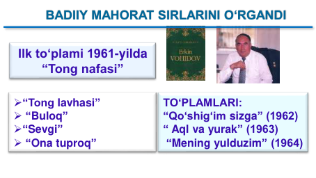 “Tong lavhasi”
 “Buloq”
“Sevgi”
 “Ona tuproq”
Ilk to‘plami 1961-yilda 
“Tong nafasi”
TO‘PLAMLARI:
“Qo‘shig‘im sizga” (1962) 
“ Aql va yurak” (1963)
“Mening yulduzim” (1964)
BADIIY MAHORAT SIRLARINI O‘RGANDI
