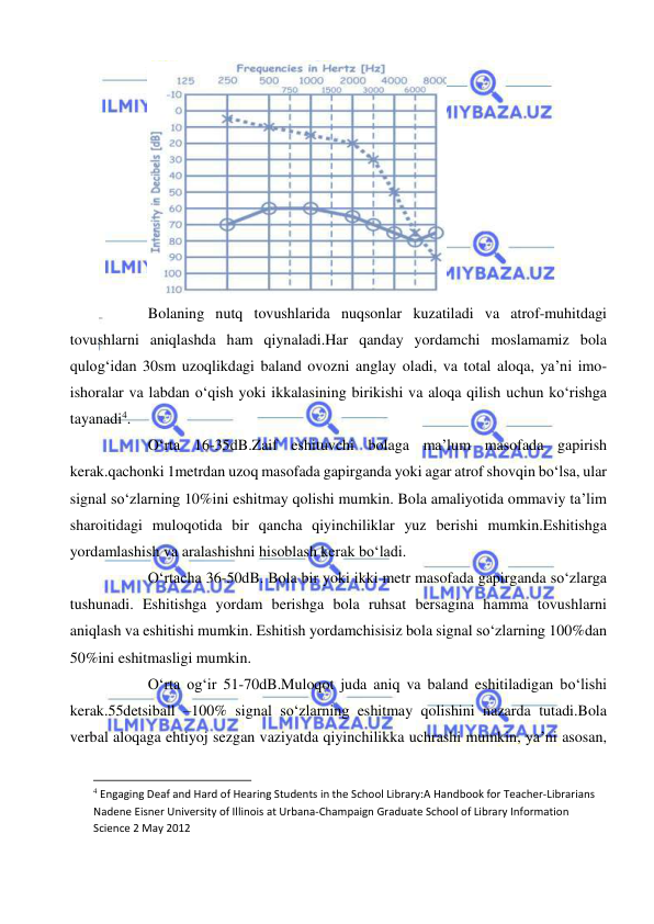  
 
 
Bolaning nutq tovushlarida nuqsonlar kuzatiladi va atrof-muhitdagi 
tovushlarni aniqlashda ham qiynaladi.Har qanday yordamchi moslamamiz bola 
qulog‘idan 30sm uzoqlikdagi baland ovozni anglay oladi, va total aloqa, ya’ni imo-
ishoralar va labdan o‘qish yoki ikkalasining birikishi va aloqa qilish uchun ko‘rishga 
tayanadi4. 
O‘rta 16-35dB.Zaif eshituvchi bolaga ma’lum masofada gapirish 
kerak.qachonki 1metrdan uzoq masofada gapirganda yoki agar atrof shovqin bo‘lsa, ular 
signal so‘zlarning 10%ini eshitmay qolishi mumkin. Bola amaliyotida ommaviy ta’lim 
sharoitidagi muloqotida bir qancha qiyinchiliklar yuz berishi mumkin.Eshitishga 
yordamlashish va aralashishni hisoblash kerak bo‘ladi. 
O‘rtacha 36-50dB. Bola bir yoki ikki metr masofada gapirganda so‘zlarga 
tushunadi. Eshitishga yordam berishga bola ruhsat bersagina hamma tovushlarni 
aniqlash va eshitishi mumkin. Eshitish yordamchisisiz bola signal so‘zlarning 100%dan 
50%ini eshitmasligi mumkin. 
O‘rta og‘ir 51-70dB.Muloqot juda aniq va baland eshitiladigan bo‘lishi 
kerak.55detsiball –100% signal so‘zlarning eshitmay qolishini nazarda tutadi.Bola 
verbal aloqaga ehtiyoj sezgan vaziyatda qiyinchilikka uchrashi mumkin, ya’ni asosan, 
                                                           
4 Engaging Deaf and Hard of Hearing Students in the School Library:A Handbook for Teacher-Librarians 
Nadene Eisner University of Illinois at Urbana-Champaign Graduate School of Library Information 
Science 2 May 2012 
 
