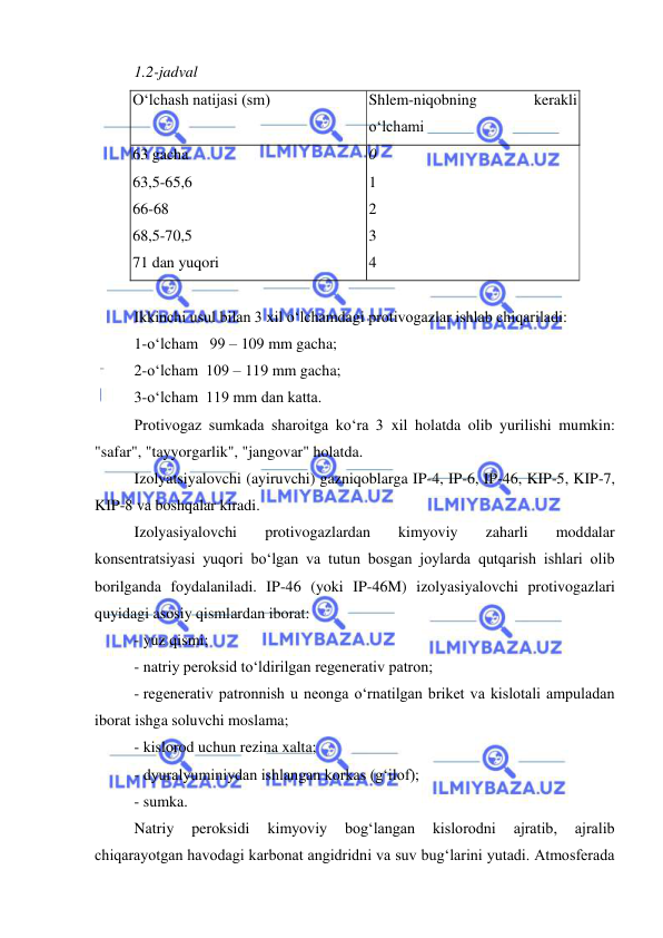  
 
1.2-jadval 
O‘lchash natijasi (sm) 
Shlem-niqobning 
kerakli 
o‘lchami 
63 gacha 
63,5-65,6 
66-68 
68,5-70,5 
71 dan yuqori 
0 
1 
2 
3 
4 
 
Ikkinchi usul bilan 3 xil o‘lchamdagi protivogazlar ishlab chiqariladi: 
1-o‘lcham   99 – 109 mm gacha; 
2-o‘lcham  109 – 119 mm gacha; 
3-o‘lcham  119 mm dan katta. 
Protivogaz sumkada sharoitga ko‘ra 3 xil holatda olib yurilishi mumkin: 
"safar", "tayyorgarlik", "jangovar" holatda. 
Izolyatsiyalovchi (ayiruvchi) gazniqoblarga IP-4, IP-6, IP-46, KIP-5, KIP-7, 
KIP-8 va boshqalar kiradi. 
Izolyasiyalovchi 
protivogazlardan 
kimyoviy 
zaharli 
moddalar 
konsentratsiyasi yuqori bo‘lgan va tutun bosgan joylarda qutqarish ishlari olib 
borilganda foydalaniladi. IP-46 (yoki IP-46M) izolyasiyalovchi protivogazlari 
quyidagi asosiy qismlardan iborat:  
- yuz qismi; 
- natriy peroksid to‘ldirilgan regenerativ patron; 
- regenerativ patronnish u neonga o‘rnatilgan briket va kislotali ampuladan 
iborat ishga soluvchi moslama; 
- kislorod uchun rezina xalta; 
- dyuralyuminiydan ishlangan korkas (g‘ilof); 
- sumka. 
Natriy 
peroksidi 
kimyoviy 
bog‘langan 
kislorodni 
ajratib, 
ajralib 
chiqarayotgan havodagi karbonat angidridni va suv bug‘larini yutadi. Atmosferada 
