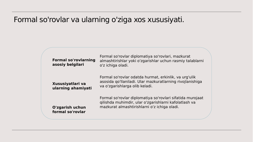 Formal so'rovlar va ularning o'ziga xos xususiyati.
Formal so'rovlarning 
asosiy belgilari
Xususiyatlari va 
ularning ahamiyati
O'zgarish uchun 
formal so'rovlar
Formal so'rovlar diplomatiya so'rovlari, mazkurat 
almashtirishlar yoki o'zgarishlar uchun rasmiy talablarni 
o'z ichiga oladi.
Formal so'rovlar odatda hurmat, erkinlik, va urg'ulik 
asosida qo'llaniladi. Ular mazkuratlarning rivojlanishiga 
va o'zgarishlarga olib keladi.
Formal so'rovlar diplomatiya so'rovlari sifatida murojaat 
qilishda muhimdir, ular o'zgarishlarni kafolatlash va 
mazkurat almashtirishlarni o'z ichiga oladi.
