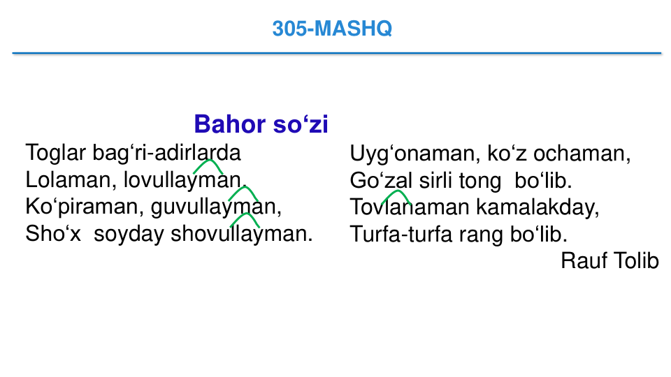 305-MASHQ
Bahor so‘zi
Toglar bag‘ri-adirlarda
Lolaman, lovullayman.
Ko‘piraman, guvullayman,
Sho‘x soyday shovullayman.
Uyg‘onaman, ko‘z ochaman,
Go‘zal sirli tong bo‘lib.
Tovlanaman kamalakday,
Turfa-turfa rang bo‘lib.
Rauf Tolib
