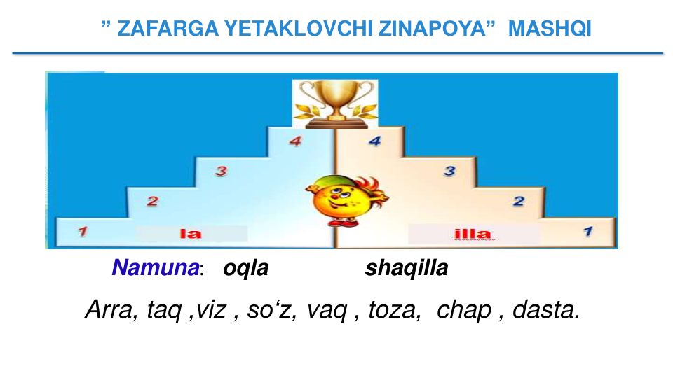 ” ZAFARGA YETAKLOVCHI ZINAPOYA” MASHQI
Arra, taq ,viz , so‘z, vaq , toza, chap , dasta.
Namuna: oqla
shaqilla
