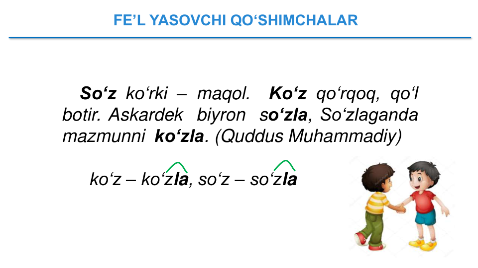 FE’L YASOVCHI QO‘SHIMCHALAR 
So‘z ko‘rki – maqol.
Ko‘z qo‘rqoq, qo‘l
botir. Askardek biyron so‘zla, So‘zlaganda
mazmunni ko‘zla. (Quddus Muhammadiy)
ko‘z – ko‘zla, so‘z – so‘zla
