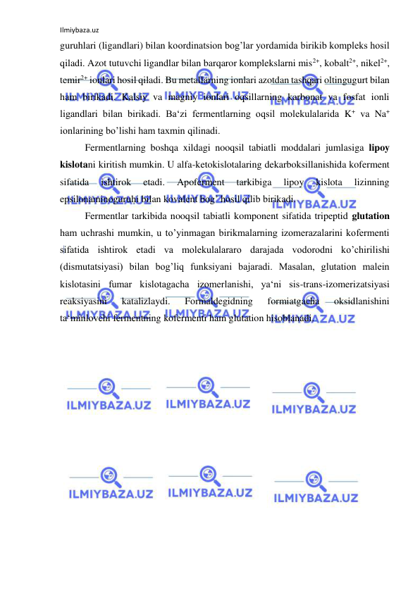 Ilmiybaza.uz 
 
guruhlari (ligandlari) bilan koordinatsion bog’lar yordamida birikib kompleks hosil 
qiladi. Azot tutuvchi ligandlar bilan barqaror komplekslarni mis2+, kobalt2+, nikel2+, 
temir2+ ionlari hosil qiladi. Bu metallarning ionlari azotdan tashqari oltingugurt bilan 
ham birikadi. Kalsiy va magniy ionlari oqsillarning karbonat va fosfat ionli 
ligandlari bilan birikadi. Ba‘zi fermentlarning oqsil molekulalarida K+ va Na+ 
ionlarining bo’lishi ham taxmin qilinadi.  
Fermentlarning boshqa xildagi nooqsil tabiatli moddalari jumlasiga lipoy 
kislotani kiritish mumkin. U alfa-ketokislotalaring dekarboksillanishida koferment 
sifatida 
ishtirok 
etadi. 
Apoferment 
tarkibiga 
lipoy 
kislota 
lizinning 
epsilonaminoguruhi bilan kovalent bog’ hosil qilib birikadi.  
Fermentlar tarkibida nooqsil tabiatli komponent sifatida tripeptid glutation 
ham uchrashi mumkin, u to’yinmagan birikmalarning izomerazalarini kofermenti 
sifatida ishtirok etadi va molekulalararo darajada vodorodni ko’chirilishi 
(dismutatsiyasi) bilan bog’liq funksiyani bajaradi. Masalan, glutation malein 
kislotasini fumar kislotagacha izomerlanishi, ya‘ni sis-trans-izomerizatsiyasi 
reaksiyasini 
katalizlaydi. 
Formaldegidning 
formiatgacha 
oksidlanishini 
ta‘minlovchi fermentning kofermenti ham glutation hisoblanadi.  
 
 
