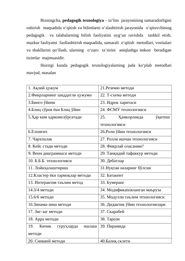 Bizningcha, pedagogik texnologiya – ta’lim  jarayonining samaradorligini
oshirish  maqsadida o‘qitish va bilimlarni o‘zlashtirish jarayonida  o‘qituvchining
pedagogik   va  talabalarning  bilish  faoliyatini  uyg‘un  ravishda   tashkil  etish,
mazkur faoliyatni  faollashtirish maqsadida, samarali  o‘qitish  metodlari, vositalari
va shakllarini qo‘llash, ularning  o‘zaro  ta’sirini  aniqlashga imkon  beradigan
tizimlar  majmuasidir.
Hozirgi  kunda  pedagogik  texnologiyalarning  juda  ko‘plab  metodlari
mavjud, masalan
1. Ақлий ҳужум
21.Реземю методи
2.Фикрларнинг шиддатли ҳужуми
22. Т-схема методи
3.Бинго ўйини
23. Идрок харитаси
4.Блиц сўров ёки Блиц ўйин
24. ФСМУ технологияси
5.Ҳар ким ҳаркимгаўргатади
25.
 
Ҳамкорликда
 
ўқитиш
технологияси
6.Елпиғич
26.Роли ўйин технологияси
7. Чархпалак
27. Ролли ишчан технологияси
8. Кейс стади методи
28. Фикрлай оласанми?
9. Венн диаграммаси методи
29. Танқидий тафаккур методи
10. Б.Б.Б. технологияси
30. Дебатлар
11. Лойиҳалаштириш
31.Нуқтаи назаринг бўлсин
12.Кластер ёки тармоқлар методи
32. Батакент
13. Интерактив таълим метод
33. Бумеранг
14.3/4 методи
34. Модификatsiяланган маъруза
15.6/6 методи
35. Модулли таълим технологияси
16.Зинама-зина методи
36. Дидактик ўйин технологиялари
17. Зиг-заг методи
37. Скарабей
18. Арра методи
38. Тарози
19.  Кичик  гуруҳларда  ишлаш
методи
39. Пирамида
20. Синквей методи
40.Балиқ склети
