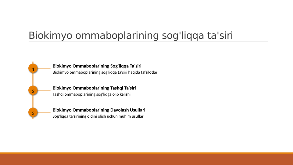 Biokimyo ommaboplarining sog'liqqa ta'siri
1
Biokimyo Ommaboplarining Sog'liqqa Ta'siri
Biokimyo ommaboplarining sog'liqqa ta'siri haqida tafsilotlar
2
Biokimyo Ommaboplarining Tashqi Ta'siri
Tashqi ommaboplarining sog'liqga olib kelishi
3
Biokimyo Ommaboplarining Davolash Usullari
Sog'liqqa ta'sirining oldini olish uchun muhim usullar
