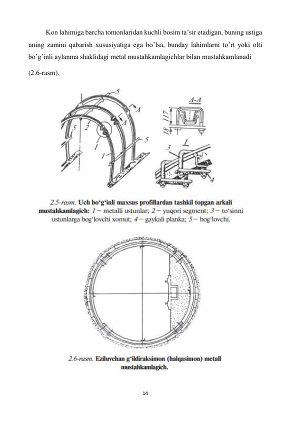 14 
 
          Kon lahimiga barcha tomonlaridan kuchli bosim ta’sir etadigan, buning ustiga 
uning zamini qabarish xususiyatiga ega bo’lsa, bunday lahimlarni to’rt yoki olti 
bo’g’inli aylanma shaklidagi metal mustahkamlagichlar bilan mustahkamlanadi  
(2.6-rasm). 
 
 
