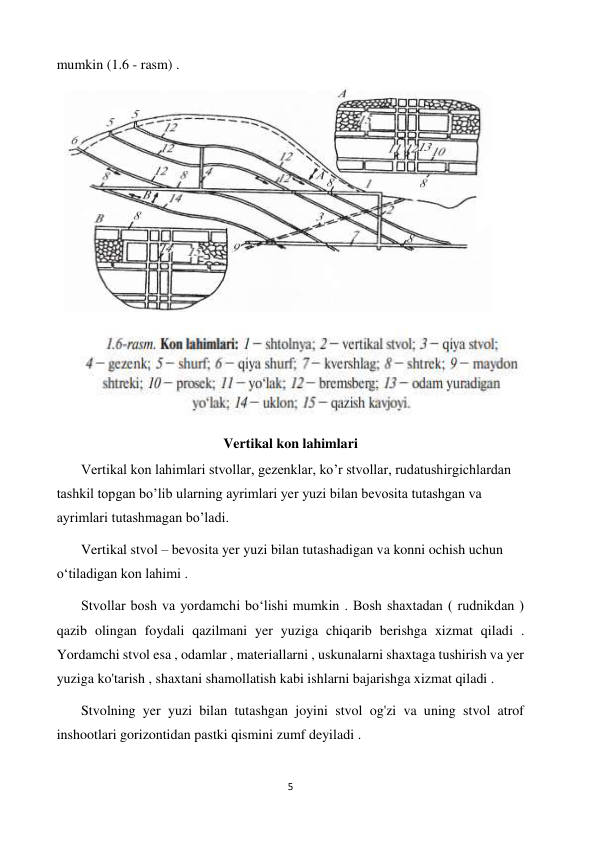 5 
 
mumkin (1.6 - rasm) . 
 
 
Vertikal kon lahimlari 
       Vertikal kon lahimlari stvollar, gezenklar, ko’r stvollar, rudatushirgichlardan 
tashkil topgan bo’lib ularning ayrimlari yer yuzi bilan bevosita tutashgan va 
ayrimlari tutashmagan bo’ladi. 
       Vertikal stvol – bevosita yer yuzi bilan tutashadigan va konni ochish uchun 
oʻtiladigan kon lahimi .  
       Stvollar bosh va yordamchi boʻlishi mumkin . Bosh shaxtadan ( rudnikdan ) 
qazib olingan foydali qazilmani yer yuziga chiqarib berishga xizmat qiladi . 
Yordamchi stvol esa , odamlar , materiallarni , uskunalarni shaxtaga tushirish va yer 
yuziga ko'tarish , shaxtani shamollatish kabi ishlarni bajarishga xizmat qiladi . 
       Stvolning yer yuzi bilan tutashgan joyini stvol og'zi va uning stvol atrof 
inshootlari gorizontidan pastki qismini zumf deyiladi . 
