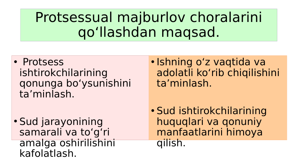Protsessual majburlov choralarini 
qoʻllashdan maqsad.
•  Protsess 
ishtirokchilarining 
qonunga bo‘ysunishini 
ta’minlash.
• Sud jarayonining 
samarali va to‘g‘ri 
amalga oshirilishini 
kafolatlash.
• Ishning o‘z vaqtida va 
adolatli ko‘rib chiqilishini 
ta’minlash.
• Sud ishtirokchilarining 
huquqlari va qonuniy 
manfaatlarini himoya 
qilish.
