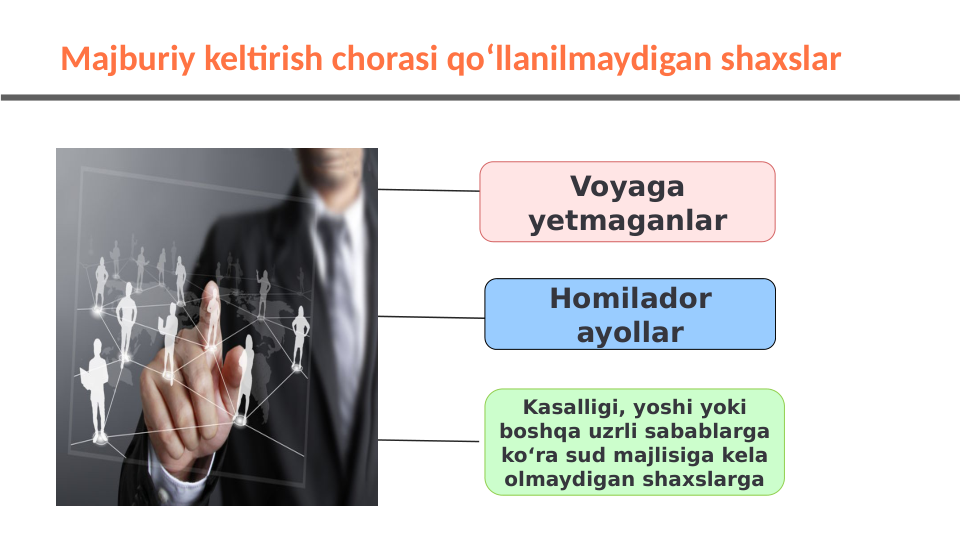 Voyaga 
yetmaganlar
Homilador 
ayollar
Kasalligi, yoshi yoki 
boshqa uzrli sabablarga 
ko‘ra sud majlisiga kela 
olmaydigan shaxslarga
 Majburiy keltirish chorasi qoʻllanilmaydigan shaxslar
