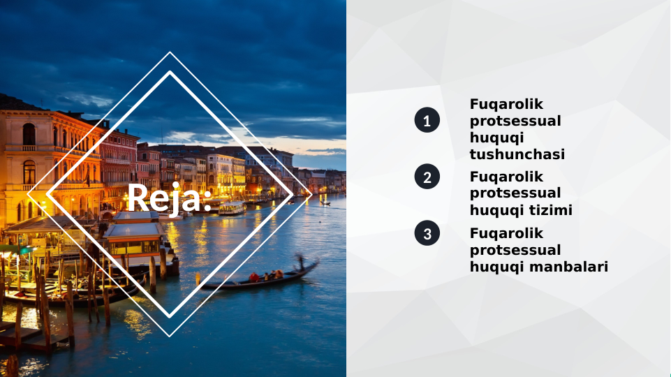 Reja:
1
2
3
Fuqarolik 
protsessual 
huquqi 
tushunchasi 
Fuqarolik 
protsessual 
huquqi tizimi
Fuqarolik 
protsessual 
huquqi manbalari 
