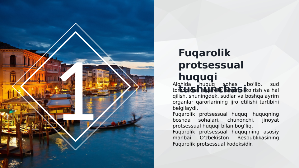 1
Alohida 
huquq 
sohasi 
boʻlib, 
sud 
tomonidan fuqarolik ishlarini koʻrish va hal 
qilish, shuningdek, sudlar va boshqa ayrim 
organlar qarorlarining ijro etilishi tartibini 
belgilaydi. 
Fuqarolik protsessual huquqi huquqning 
boshqa 
sohalari, 
chunonchi, 
jinoyat 
protsessual huquqi bilan bogʻliq.
Fuqarolik protsessual huquqining asosiy 
manbai 
Oʻzbekiston 
Respublikasining 
Fuqarolik protsessual kodeksidir.
Fuqarolik 
protsessual 
huquqi 
tushunchasi 
