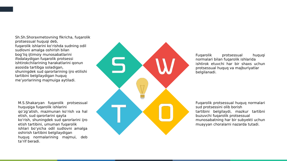 Sh.Sh.Shoraxmetovning fikricha, fuqarolik 
protsessual huquqi deb,  
fuqarolik ishlarini ko‘rishda sudning odil 
sudlovni amalga oshirish bilan  
bog‘liq ijtimoiy munosabatlarini 
ifodalaydigan fuqarolik protsessi  
ishtirokchilarining harakatlarini qonun 
asosida tartibga soladigan,  
shuningdek sud qarorlarining ijro etilishi 
tartibini belgilaydigan huquq  
me’yorlarining majmuiga aytiladi.
M.S.Shakaryan fuqarolik protsessual 
huquqiga fuqarolik ishlarini  
qo‘zg‘atish, mazmunan ko‘rish va hal 
etish, sud qarorlarini qayta  
ko‘rish, shuningdek sud qarorlarini ijro 
etish tartibini, umuman fuqarolik  
ishlari bo‘yicha odil sudlovni amalga 
oshirish tartibini belgilaydigan  
huquq normalarining majmui, deb 
ta’rif beradi.
Fuqarolik 
protsessual 
huquqi 
normalari bilan fuqarolik ishlarida  
ishtirok etuvchi har bir shaxs uchun 
protsessual huquq va majburiyatlar  
belgilanadi.
Fuqarolik protsessual huquq normalari 
sud protsessini olib borish  
tartibini belgilaydi, mazkur tartibni 
buzuvchi fuqarolik protsessual  
munosabatning har bir subyekti uchun 
muayyan choralarni nazarda tutadi.  
