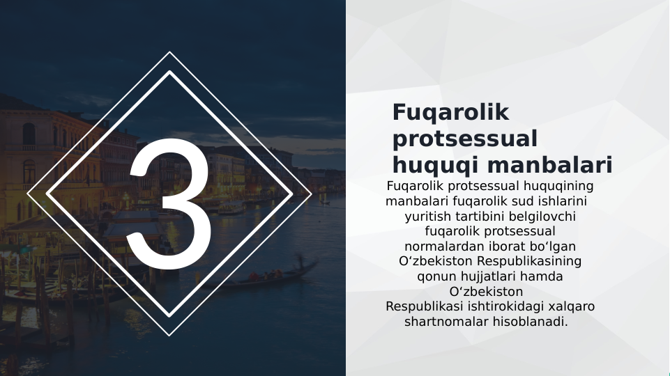 3
Fuqarolik 
protsessual 
huquqi manbalari 
Fuqarolik protsessual huquqining 
manbalari fuqarolik sud ishlarini  
yuritish tartibini belgilovchi 
fuqarolik protsessual 
normalardan iborat bo‘lgan 
O‘zbekiston Respublikasining 
qonun hujjatlari hamda 
O‘zbekiston  
Respublikasi ishtirokidagi xalqaro 
shartnomalar hisoblanadi.  
