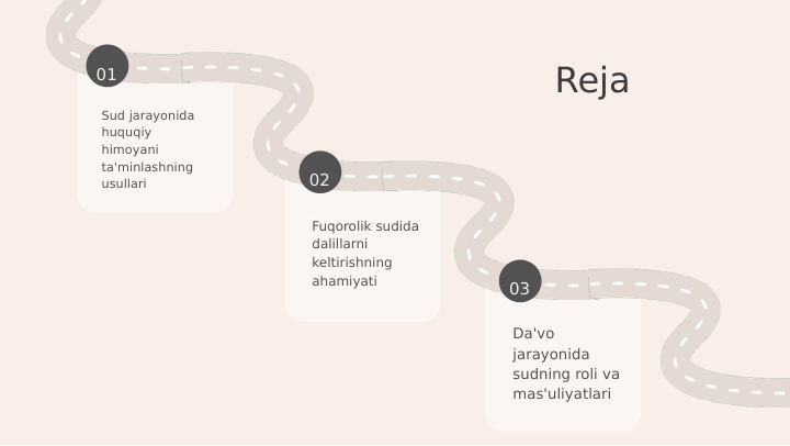 01
.
02
.
03
.
Reja
Sud jarayonida 
huquqiy 
himoyani 
ta'minlashning 
usullari
Fuqorolik sudida 
dalillarni 
keltirishning 
ahamiyati
Da'vo 
jarayonida 
sudning roli va 
mas'uliyatlari
