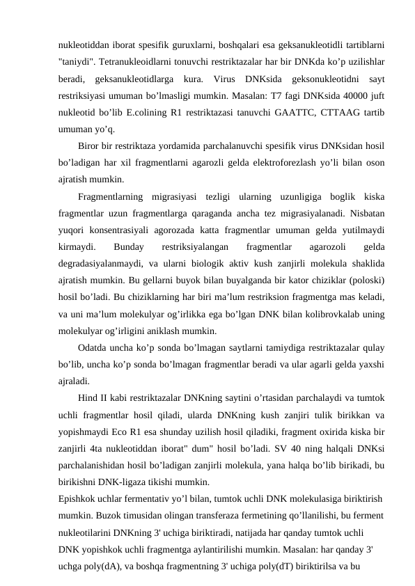 nukleotiddan iborat spesifik guruxlarni, boshqalari esa geksanukleotidli tartiblarni
"taniydi". Tetranukleoidlarni tonuvchi restriktazalar har bir DNKda ko’p uzilishlar
beradi,  geksanukleotidlarga  kura.  Virus  DNKsida  geksonukleotidni  sayt
restriksiyasi umuman bo’lmasligi mumkin. Masalan: T7 fagi DNKsida 40000 juft
nukleotid bo’lib E.colining R1 restriktazasi tanuvchi GAATTC, CTTAAG tartib
umuman yo’q.
Biror bir restriktaza yordamida parchalanuvchi spesifik virus DNKsidan hosil
bo’ladigan har xil fragmentlarni agarozli gelda elektroforezlash yo’li bilan oson
ajratish mumkin.
Fragmentlarning  migrasiyasi  tezligi  ularning  uzunligiga  boglik  kiska
fragmentlar uzun fragmentlarga qaraganda ancha tez migrasiyalanadi. Nisbatan
yuqori  konsentrasiyali  agorozada  katta  fragmentlar  umuman  gelda  yutilmaydi
kirmaydi.  Bunday  restriksiyalangan  fragmentlar  agarozoli  gelda
degradasiyalanmaydi, va ularni  biologik aktiv kush zanjirli  molekula shaklida
ajratish mumkin. Bu gellarni buyok bilan buyalganda bir kator chiziklar (poloski)
hosil bo’ladi. Bu chiziklarning har biri ma’lum restriksion fragmentga mas keladi,
va uni ma’lum molekulyar og’irlikka ega bo’lgan DNK bilan kolibrovkalab uning
molekulyar og’irligini aniklash mumkin.
Odatda uncha ko’p sonda bo’lmagan saytlarni tamiydiga restriktazalar qulay
bo’lib, uncha ko’p sonda bo’lmagan fragmentlar beradi va ular agarli gelda yaxshi
ajraladi.
Hind II kabi restriktazalar DNKning saytini o’rtasidan parchalaydi va tumtok
uchli fragmentlar hosil qiladi, ularda DNKning kush zanjiri tulik birikkan va
yopishmaydi Eco R1 esa shunday uzilish hosil qiladiki, fragment oxirida kiska bir
zanjirli 4ta nukleotiddan iborat" dum" hosil bo’ladi. SV 40 ning halqali DNKsi
parchalanishidan hosil bo’ladigan zanjirli molekula, yana halqa bo’lib birikadi, bu
birikishni DNK-ligaza tikishi mumkin.
Epishkok uchlar fermentativ yo’l bilan, tumtok uchli DNK molekulasiga biriktirish
mumkin. Buzok timusidan olingan transferaza fermetining qo’llanilishi, bu ferment
nukleotilarini DNKning 3' uchiga biriktiradi, natijada har qanday tumtok uchli 
DNK yopishkok uchli fragmentga aylantirilishi mumkin. Masalan: har qanday 3' 
uchga poly(dA), va boshqa fragmentning 3' uchiga poly(dT) biriktirilsa va bu 
