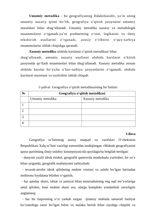Umumiy metodika - bu geografiyaning didaktikasidir, ya’ni uning
umumiy  nazariy  qismi  bo‘lib,  geografiya  o‘qitish  jarayonini  umumiy
masalalari  bilan  shug‘ullanadi.  Umumiy  metodika  nazariy  va  metodologik
muammolarni  o‘rganadi-ya’ni  predmetning  o‘zini,  logikasini  va  ilmiy
tekshirish  usullarini  o‘rganadi,  asosiy  e’tiborni  o‘quv-tarbiya
muammolarini ishlab chiqishga qaratadi.
Xususiy metodika-alohida kurslarni o‘qitish metodikasi bilan
shug‘ullanadi,  umumiy  nazariy  usullarni  alohida  kurslarni  o‘kitish
jarayonida qo‘llash muammolari bilan shug‘ullanadi. Xususiy metodika asosan
alohida  kurslar  bo‘yicha  o‘kuv-tarbiya  jarayonlarini  o‘rganadi,  alohida
kurslarni mazmuni va tuzilishini ishlab chiqadi.
1-jadval. Geografiya o‘qitish metodikasining bo‘limlari
№
Geografiya o‘qitish metodikasi
Umumiy metodika
Xususiy metodika
1
2
3
4
3-ilova
Geografiya  ta’limining  asosiy  maqsad  va  vazifalari  O‘zbekiston
Respublikasi Xalq ta’limi vazirligi tomonidan tasdiqlangan «Maktab geografiyasini
qayta qurishning ilmiy-uslubiy konsepsiyasi»da quyidagicha belgilab berilgan:
 - dunyoni yaxlit idrok etishni, geografik qamrovda mushohada yuritishni, bir so‘z
bilan aytganda, geografik madaniyatni tarbiyalash;
 - tevarak-atrofni idrok qilishning muhim vositasi va uslubi bo‘lgan haritadan
mohirona foydalana bilishni o‘rgatish;
 - har qanday shaxs, tabiat va jamiyat bilan munosabatning eng oqil me’yorlariga
amal qilishni, buni  muhim sharti esa, ularga kompleks  yondashish  zarurligini
anglatmoq;
 - har  bir  fuqoroning o‘zi yashab  turgan  ijtimoiy muhitda samarali  faoliyat
ko‘rsatishiga  zarur  bo‘lgan bilim  va malaka berish bilan ruyobga chiqishi  va
