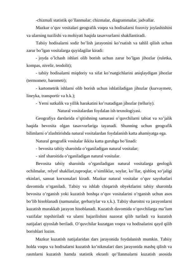 -chizmali statistik qo’llanmalar; chizmalar, diagrammalar, jadvallar.
Mazkur o’quv vositalari geografik voqea va hodisalarni fozoviy joylashishini
va ularning tuzilishi va mohiyati haqida tasavvurlarni shakllantiradi.
Tabiiy hodisalarni sodir bo’lish jarayonini ko’rsatish va tahlil qilish uchun
zarur bo’lgan vositalarga quyidagilar kiradi:
- joyda o’lchash ishlari olib borish uchun zarur bo’lgan jihozlar (ruletka,
kompas, nivelir, teodolit);
- tabiiy hodisalarni miqdoriy va sifat ko’rsatgichlarini aniqlaydigan jihozlar
(termometr, barometr);
- kartometrik ishlarni olib borish uchun ishlatiladigan jihozlar (kurvaymetr,
lineyka, transportir va h.k.);
- Yerni sutkalik va yillik harakatini ko’rsatadigan jihozlar (telluriy).
Natural vositalardan foydalan ish texnologiyasi.
Geografiya darslarida o’qitishning samarasi o’quvchilarni tabiat va xo’jalik
haqida  bevosita  olgan  tasavvurlariga  tayanadi.  Shunning  uchun  geografik
bilimlarni o’zlashtirishda natural vositalardan foydalanish katta ahamiyatga ega.
Natural geografik vositalar ikkita katta guruhga bo’linadi:
- bevosita tabiiy sharoitda o’rganiladigan natural vositalar;
- sinf sharoitida o’rganiladigan natural vositalar.
Bevosita  tabiiy  sharoitda  o’rganiladigan  natural  vositalarga  geologik
ochilmalar, relyef shakllari,tuproqlar, o’simliklar, soylar, ko’llar, qishloq xo’jaligi
ekinlari, sanoat korxonalari kiradi. Mazkur natural vositalar o’quv sayohatlari
davomida o’rganiladi. Tabiiy va ishlab chiqarish  obyektlarini  tabiiy sharoitda
bevosita o’rganish yoki kuzatish boshqa o’quv vositalarini o’rganish uchun asos
bo’lib hisoblanadi (namunalar, gerbariylar va x.k.). Tabiiy sharoitni va jarayonlarni
kuzatish murakkab jarayon hisoblanadi. Kuzatish davomida o’quvchilarga ma’lum
vazifalar  topshiriladi  va  ularni  bajarilishini  nazorat  qilib  turiladi  va  kuzatish
natijalari qiyoslab beriladi. O’quvchilar kuzatgan voqea va hodisalarini qayd qilib
borishlari lozim.
Mazkur kuzatish natijalaridan dars jarayonida foydalanish mumkin. Tabiiy
holda voqea va hodisalarni kuzatish ko’nikmalari dars jarayonida mashq qilish va
rasmlarni  kuzatish  hamda  statistik  ekranli  qo’llanmalarni  kuzatish  asosida
