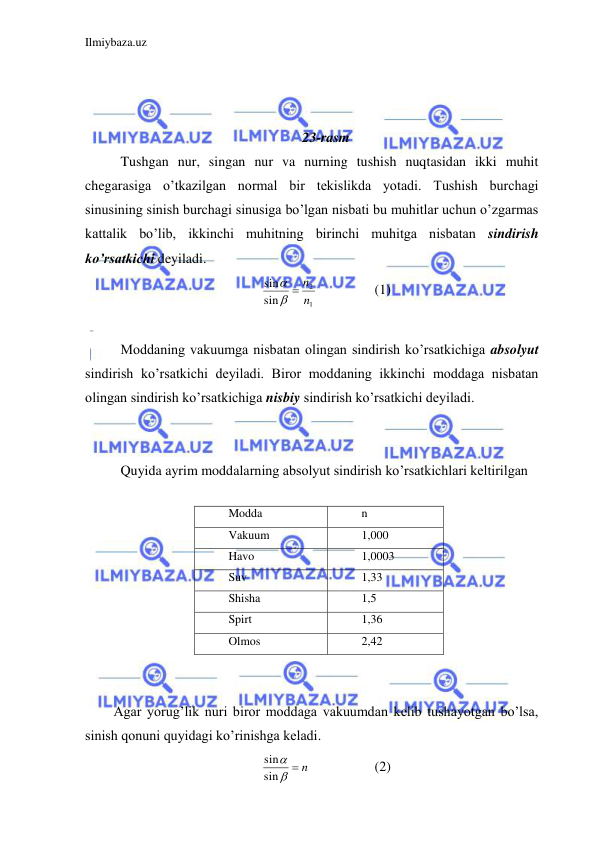 Ilmiybaza.uz 
 
 
 
 
23-rasm 
 Tushgan nur, singan nur va nurning tushish nuqtasidan ikki muhit 
chegarasiga o’tkazilgan normal bir tekislikda yotadi. Tushish burchagi 
sinusining sinish burchagi sinusiga bo’lgan nisbati bu muhitlar uchun o’zgarmas 
kattalik bo’lib, ikkinchi muhitning birinchi muhitga nisbatan sindirish 
ko’rsatkichi deyiladi.  
1
2
sin
sin
n
  n

 
 
(1) 
 
 Moddaning vakuumga nisbatan olingan sindirish ko’rsatkichiga absolyut 
sindirish ko’rsatkichi deyiladi. Biror moddaning ikkinchi moddaga nisbatan 
olingan sindirish ko’rsatkichiga nisbiy sindirish ko’rsatkichi deyiladi.  
 
 
 Quyida ayrim moddalarning absolyut sindirish ko’rsatkichlari keltirilgan  
 
 
 
 
 
 
 
 
 
Agar yorug’lik nuri biror moddaga vakuumdan kelib tushayotgan bo’lsa, 
sinish qonuni quyidagi ko’rinishga keladi.   
  n

sin
sin
 
 
(2) 
Modda 
n 
Vakuum 
1,000 
Havo 
1,0003 
Suv 
1,33 
Shisha 
1,5 
Spirt 
1,36 
Olmos 
2,42 
