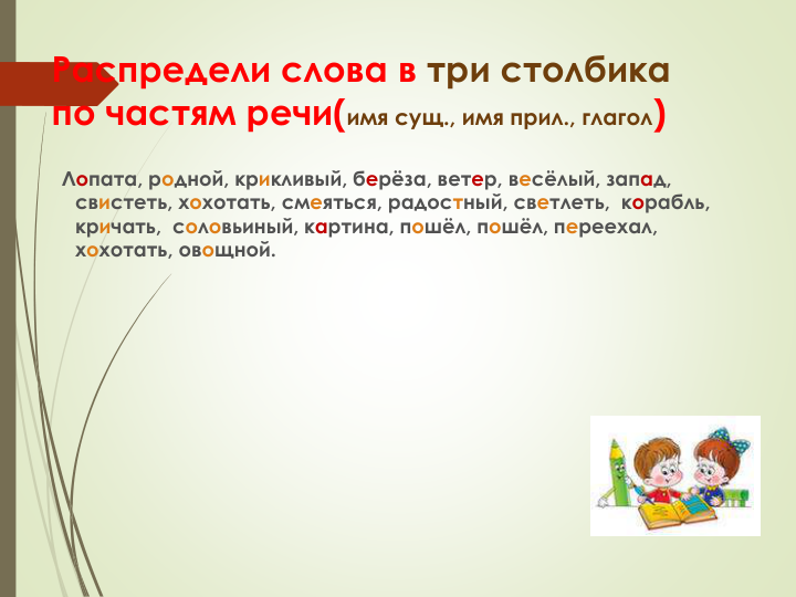 Распредели слова в три столбика
по частям речи(имя сущ., имя прил., глагол)
Лопата, родной, крикливый, берёза, ветер, весёлый, запад, 
свистеть, хохотать, смеяться, радостный, светлеть,  корабль, 
кричать,  соловьиный, картина, пошёл, пошёл, переехал, 
хохотать, овощной.
