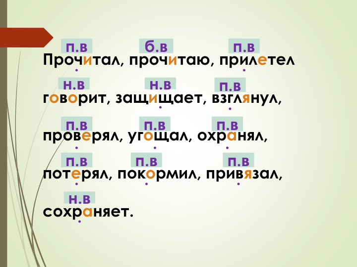 Прочитал, прочитаю, прилетел
говорит, защищает, взглянул,
проверял, угощал, охранял,
потерял, покормил, привязал,
сохраняет.
п.в
.
п.в
.
п.в
.
п.в
.
п.в
.
п.в
.
п.в
.
п.в
.
п.в
.
б.в
н.в
.
н.в
н.в
.
