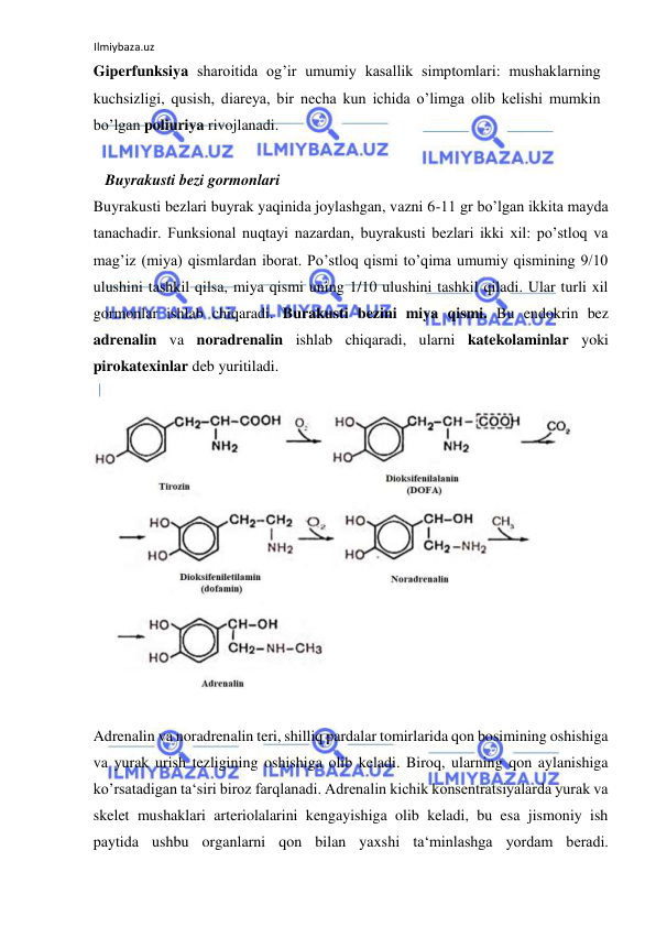 Ilmiybaza.uz 
 
Giperfunksiya sharoitida og’ir umumiy kasallik simptomlari: mushaklarning 
kuchsizligi, qusish, diareya, bir necha kun ichida o’limga olib kelishi mumkin 
bo’lgan poliuriya rivojlanadi.  
  
   Buyrakusti bezi gormonlari  
Buyrakusti bezlari buyrak yaqinida joylashgan, vazni 6-11 gr bo’lgan ikkita mayda 
tanachadir. Funksional nuqtayi nazardan, buyrakusti bezlari ikki xil: po’stloq va 
mag’iz (miya) qismlardan iborat. Po’stloq qismi to’qima umumiy qismining 9/10 
ulushini tashkil qilsa, miya qismi uning 1/10 ulushini tashkil qiladi. Ular turli xil 
gormonlar ishlab chiqaradi. Burakusti bezini miya qismi. Bu endokrin bez 
adrenalin va noradrenalin ishlab chiqaradi, ularni katekolaminlar yoki 
pirokatexinlar deb yuritiladi.  
  
  
  
Adrenalin va noradrenalin teri, shilliq pardalar tomirlarida qon bosimining oshishiga 
va yurak urish tezligining oshishiga olib keladi. Biroq, ularning qon aylanishiga 
ko’rsatadigan ta‘siri biroz farqlanadi. Adrenalin kichik konsentratsiyalarda yurak va 
skelet mushaklari arteriolalarini kengayishiga olib keladi, bu esa jismoniy ish 
paytida ushbu organlarni qon bilan yaxshi ta‘minlashga yordam beradi. 
