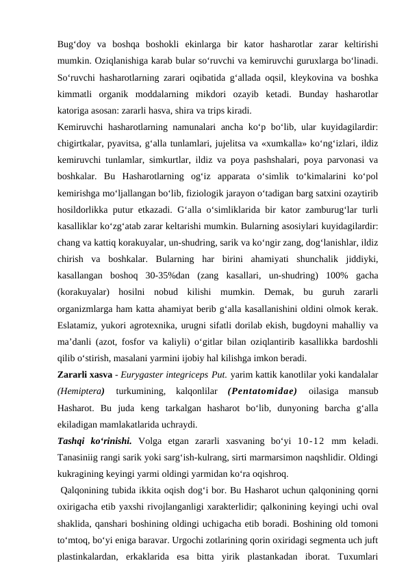 Bug‘doy  va  boshqa  boshokli  ekinlarga  bir  kator  hasharotlar  zarar  keltirishi
mumkin. Oziqlanishiga karab bular so‘ruvchi va kemiruvchi guruxlarga bo‘linadi.
So‘ruvchi hasharotlarning zarari oqibatida g‘allada oqsil, kleykovina va boshka
kimmatli  organik  moddalarning  mikdori  ozayib  ketadi.  Bunday  hasharotlar
katoriga asosan: zararli hasva, shira va trips kiradi.
Kemiruvchi hasharotlarning namunalari ancha ko‘p bo‘lib, ular kuyidagilardir:
chigirtkalar, pyavitsa, g‘alla tunlamlari, jujelitsa va «xumkalla» ko‘ng‘izlari, ildiz
kemiruvchi tunlamlar, simkurtlar, ildiz va poya pashshalari, poya parvonasi va
boshkalar.  Bu  Hasharotlarning  og‘iz  apparata  o‘simlik  to‘kimalarini  ko‘pol
kemirishga mo‘ljallangan bo‘lib, fiziologik jarayon o‘tadigan barg satxini ozaytirib
hosildorlikka putur etkazadi. G‘alla o‘simliklarida bir kator zamburug‘lar turli
kasalliklar ko‘zg‘atab zarar keltarishi mumkin. Bularning asosiylari kuyidagilardir:
chang va kattiq korakuyalar, un-shudring, sarik va ko‘ngir zang, dog‘lanishlar, ildiz
chirish  va  boshkalar.  Bularning  har  birini  ahamiyati  shunchalik  jiddiyki,
kasallangan  boshoq  30-35%dan  (zang  kasallari,  un-shudring)  100%  gacha
(korakuyalar)  hosilni  nobud  kilishi  mumkin.  Demak,  bu  guruh  zararli
organizmlarga ham katta ahamiyat berib g‘alla kasallanishini oldini olmok kerak.
Eslatamiz, yukori agrotexnika, urugni sifatli dorilab ekish, bugdoyni mahalliy va
ma’danli (azot, fosfor va kaliyli) o‘gitlar bilan oziqlantirib kasallikka bardoshli
qilib o‘stirish, masalani yarmini ijobiy hal kilishga imkon beradi.
Zararli xasva - Eurygaster integriceps Put. yarim kattik kanotlilar yoki kandalalar
(Hemiptera)
 turkumining,  kalqonlilar
 (Pentatomidae)
 oilasiga  mansub
Hasharot.  Bu  juda  keng  tarkalgan  hasharot  bo‘lib,  dunyoning  barcha  g‘alla
ekiladigan mamlakatlarida uchraydi.
Tashqi  ko‘rinishi.  Volga  etgan  zararli  xasvaning  bo‘yi  10-12 mm  keladi.
Tanasiniig rangi sarik yoki sarg‘ish-kulrang, sirti marmarsimon naqshlidir. Oldingi
kukragining keyingi yarmi oldingi yarmidan ko‘ra oqishroq.
 Qalqonining tubida ikkita oqish dog‘i bor. Bu Hasharot uchun qalqonining qorni
oxirigacha etib yaxshi rivojlanganligi xarakterlidir; qalkonining keyingi uchi oval
shaklida, qanshari boshining oldingi uchigacha etib boradi. Boshining old tomoni
to‘mtoq, bo‘yi eniga baravar. Urgochi zotlarining qorin oxiridagi segmenta uch juft
plastinkalardan,  erkaklarida  esa  bitta  yirik  plastankadan  iborat.  Tuxumlari

