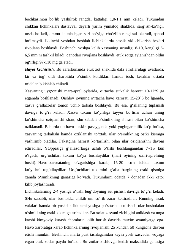 bochkasimon bo‘lib yashilrok rangda, kattaligi  1,0-1,1 mm  keladi. Tuxumdan
chikkan lichinkalari dastavval deyarli yarim yumaloq shaklida, sarg‘ish-ko‘ngir
tusda bo‘ladi, ammo kattalashgan sari bo‘yiga cho‘zilib rangi sal okaradi, qanoti
bo‘lmaydi. Ikkinchi yoshdan boshlab lichinkalarda sassik xid chikarish bezlari
rivojlana boshlaydi. Beshinchi yoshga kelib xasvaning uzunligi 8-10, kengligi 6-
6,5 mm ni tashkil kiladi, qanotlari rivojlana boshlaydi, etuk zotga aylanishdan oldin
og‘irligi 97-110 mg ga etadi.
Hayot kechiriish. Bu zararkunanda etuk zot shaklida dala atroflaridagi uvatlarda,
kir  va  tog‘  oldi  sharoitida  o‘simlik  koldiklari  hamda  tosh,  kesaklar  ostada
to‘dalanib kishlab chikadi.
Xasvaning  uyg‘onishi mart-aprel oylarida, o‘rtacha sutkalik harorat  10-12°S ga
etganida boshlanadi. Qishlov joyining o‘rtacha havo xarorati 15-20°S bo‘lganida,
xasva g‘allazorlar tomon uchib tarkala boshlaydi. Bu esa, g‘allaning tuplanish
davriga  to‘g‘ri  keladi.  Xasva  tuxum  ko‘yishga  tayyor  bo‘lishi  uchun  uning
ko‘shimcha oziqlanishi shart, shu sababli o‘simlikning shirasi bilan ko‘shimcha
oziklanadi. Bahorda ob-havo keskin pasayganda yoki yogingarchilik ko‘p bo‘lsa,
xasvaning tarkalishi hamda oziklanishi to‘xtab, ular o‘simlikning ostki kismiga
yashirinib oladilar. Fakatgina harorat ko‘tarilishi bilan ular oziqlanishni davom
ettiradilar.  YOppasiga  g‘allazorlarga  uchib  o‘tishi  boshlanganidan  7-15 kun
o‘tgach,  urg‘ochilari  tuxum  ko‘ya  boshlaydilar  (mart  oyining  oxiri-aprelning
boshi). Havo xarorataning  o‘zgarishiga  karab,  15-20  kun  ichida  tuxum
ko‘yishni  tug‘allaydilar.  Urg‘ochilari  tuxumini  g‘alla  bargining  ostki  qismiga
xamda o‘simlikning ganasiga ko‘yadi. Tuxumlarni odatda 7 donadan ikki kator
kilib joylashtiradi.
Lichinkalarning 2-4 yoshga o‘tishi bug‘doyning sut pishish davriga to‘g‘ri keladi.
SHu sababli, ular boshokka chikib uni so‘rib zarar keltiradilar. Kunning issnk
vaktlari hamda bir yoshdan ikkinchi yoshga po‘sttashlab o‘tishda ular boshokdan
o‘simlikning ostki kis miga tushadilar. Bu xolat xasvani zichligini aniklash va unga
karshi kimyoviy kurash choralarini olib borish davrida muxim axamiyatga ega.
Havo xaroratiga karab lichinkalarning rivojlanishi 25 kundan 50 kungacha davom
etishi mumkin. Beshinchi marta pust tashlaganidan keyin yosh xasvadan voyaga
etgan etuk zotlar paydo  bo‘ladi. Bu zotlar kishlovga ketish maksadida ganasiga
