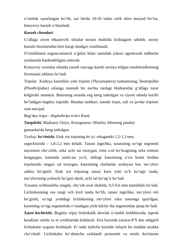 o‘simlnk zararlangan bo‘lib, xar birida 10-20 tadan ortik shira mavjud bo‘lsa,
kimyoviy kurash o‘tkaziladi.
Kurash choralari.
G‘allaga  ziyon  etkazuvchi  shiralar  tuxum  shaklida  kishlagann  sababli,  asosiy
kurash choralarndan birn kuzgi shudgor xisoblanadi.
O‘simliklarni organo-mineral  o‘gitlar  bilan taminlab yukori agrotexnik tadbnrlar
yordamida bardoshliligini oshirish.
Kimyoviy vositalar sifatida zararli xasvaga karshi tavsiya etilgan insektitsidlarnnng
birortasini ishlatsa bo‘ladi.
Tripslar. Xoshiya kanotlilar yoki tripslar (Thysanoptera) turkumining, fleotripidlar
(Pleothripidae)  oilasiga  mansub  bir  nechta  turdagi  Hasharotlar  g‘allaga  zarar
kelgirishi mumkin. Bularning orasida eng keng tarkalgan va ziyoni odatda kuchli
bo‘ladigan bugdoy tripsidir. Bundan tashkari, tamaki tripsi, suli va javdar tripslari
xam mavjud.
Bug‘doy tripsi - Haplothrips tritici Kurd.
Tarqalishi. Markaziy Osiyo, Kozognston, SHarkiy Sibirning janubiy
gumanlarida keng tarkalgan.
Tashqi ko‘rinishi. Etuk zot tripsning bo‘yi: erkagnniki 1,2-1,3 mm,
urgochisiniki - 1,8-2,2 mm keladi. Tanasi ingichka, tanasining so‘ngi segmenti
naysimon cho‘zilnb, orka uchi sat toraygan, trins o.td ko‘kragining orka tomoni
kengaygan,  kanotida  tomir.tar  yo‘k,  oldingi  kanotining  o‘rta  kismi  boshka
tripslarniki singari sal  toraygan, kanotining chetlarida xoshiyasi  bor, mo‘ylovi
sakkiz  bo‘gimli.  Etuk  zot  tripsning  tanasi  kora  yoki  to‘k  ko‘ngir  tusda,
mo‘ylovining uchinchi bo‘gini okish, uchi sal ko‘ng‘ir bo‘ladi 
Tuxumn ochbinafsha rangda, cho‘zik-oval shaklda, 0,5-0,6 mm kattalikda bo‘ladi.
Lichinkasining esa rangi och kizil tusda bo‘lib, tanasi ingichka, mo‘ylovi etti
bo‘gimli,  so‘ngi  yoshdagi  lichinkaning  mo‘ylovi  orka  tomonga  qayrilgan,
kornining so‘ngi segmentida o‘rnashgan yirik kilcha shu segmentdan qisqa bo‘ladi.
Xayot kechirishi.  Bugdoy tripsi lichinkalik davrida o‘simlik koldiklarida, tuprok
kesaklari ostida va er yoriklarnda kishlaydi. Erta baxorda xarorat 8°S dan oshgach
lichinkalar uygona boshlaydi. Er satki turlicha knzishn tufayln bu muddat uzokka
cho‘ziladi.  Lichinkalar  ko‘shimcha  oziklanib  pronnmfa  va  nimfa  davrlarnni
