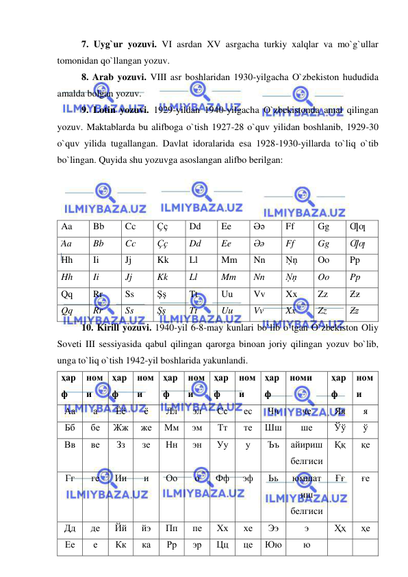  
 
7. Uyg`ur yozuvi. VI asrdan XV asrgacha turkiy xalqlar va mo`g`ullar 
tomonidan qo`llangan yozuv.  
8. Arab yozuvi. VIII asr boshlaridan 1930-yilgacha O`zbekiston hududida 
amalda bolgan yozuv.  
9. Lotin yozuvi. 1929-yildan 1940-yilgacha O`zbekistonda amal qilingan 
yozuv. Maktablarda bu alifboga o`tish 1927-28 o`quv yilidan boshlanib, 1929-30 
o`quv yilida tugallangan. Davlat idoralarida esa 1928-1930-yillarda to`liq o`tib 
bo`lingan. Quyida shu yozuvga asoslangan alifbo berilgan: 
 
 
 
Aa 
Bb 
Cc 
Ҫҫ 
Dd 
Ee 
Əǝ 
Ff 
Gg 
Ƣƣ 
Aa 
Bb 
Cc 
Ҫҫ 
Dd 
Ee 
Əǝ 
Ff 
Gg 
Ƣƣ 
Hh 
Ii 
Jj 
Kk 
Ll 
Mm 
Nn 
Ņņ 
Oo 
Pp 
Hh 
Ii 
Jj 
Kk 
Ll 
Mm 
Nn 
Ņņ 
Oo 
Pp 
Qq 
Rr 
Ss 
Şş 
Tt 
Uu 
Vv 
Xx 
Zz 
Ƶƶ 
Qq 
Rr 
Ss 
Şş 
Tt 
Uu 
Vv 
Xx 
Zz 
Ƶƶ 
10. Kirill yozuvi. 1940-yil 6-8-may kunlari bo`lib o`tgan O`zbekiston Oliy 
Soveti III sessiyasida qabul qilingan qarorga binoan joriy qilingan yozuv bo`lib, 
unga to`liq o`tish 1942-yil boshlarida yakunlandi.  
ҳар
ф 
ном
и 
ҳар
ф 
ном
и 
ҳар
ф 
ном
и 
ҳар
ф 
ном
и 
ҳар
ф 
номи 
ҳар
ф 
ном
и 
Аа 
а 
Ёё 
ё 
Лл 
эл 
Сс 
ес 
Чч 
че 
Яя 
я 
Бб 
бе 
Жж 
же 
Мм 
эм 
Тт 
те 
Шш 
ше 
Ўў 
ў 
Вв 
ве 
Зз 
зе 
Нн 
эн 
Уу 
у 
Ъъ 
айириш 
белгиси 
Ққ 
қе 
Гг 
ге 
Ии 
и 
Оо 
о 
Фф 
эф 
Ьь 
юмшат
иш 
белгиси  
Ғғ 
ғе 
Дд 
де 
Йй 
йэ 
Пп 
пе 
Хх 
хе 
Ээ 
э 
Ҳҳ 
ҳе 
Ее 
е 
Кк 
ка 
Рр 
эр 
Цц 
це 
Юю 
ю 
 
 
