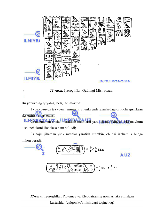  
 
 
 
11-rasm. Iyerogliflar. Qadimgi Misr yozuvi. 
 
 
Bu yozuvning quyidagi belgilari mavjud: 
1) bu yozuvda tez yozish mumkin, chunki endi rasmlardagi ortiqcha qismlarni 
aks ettirish shart emas; 
2) mazmunan ancha murakkab matnlarni yaratish mumkin, chunki mavhum 
tushunchalarni ifodalasa ham bo`ladi; 
3) hajm jihatdan yirik matnlar yaratish mumkin, chunki ixchamlik bunga 
imkon beradi. 
 
 
 
 
 
 
 
 
12-rasm. Iyerogliflar. Ptolemey va Kleopatraning nomlari aks ettirilgan 
kartushlar.(qalqon ko`rinishidagi taqinchoq) 
 
