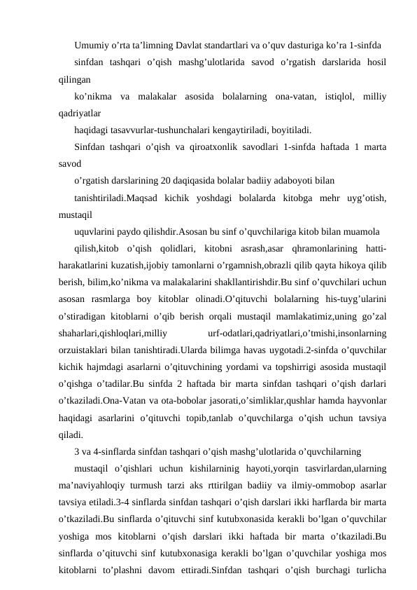 Umumiy o’rta ta’limning Davlat standartlari va o’quv dasturiga ko’ra 1-sinfda 
sinfdan  tashqari  o’qish  mashg’ulotlarida  savod  o’rgatish  darslarida  hosil
qilingan 
ko’nikma  va  malakalar  asosida  bolalarning  ona-vatan,  istiqlol,  milliy
qadriyatlar 
haqidagi tasavvurlar-tushunchalari kengaytiriladi, boyitiladi. 
Sinfdan tashqari o’qish va qiroatxonlik savodlari 1-sinfda haftada 1 marta
savod 
o’rgatish darslarining 20 daqiqasida bolalar badiiy adaboyoti bilan 
tanishtiriladi.Maqsad  kichik  yoshdagi  bolalarda  kitobga  mehr  uyg’otish,
mustaqil 
uquvlarini paydo qilishdir.Asosan bu sinf o’quvchilariga kitob bilan muamola 
qilish,kitob  o’qish  qolidlari,  kitobni  asrash,asar  qhramonlarining  hatti-
harakatlarini kuzatish,ijobiy tamonlarni o’rgamnish,obrazli qilib qayta hikoya qilib
berish, bilim,ko’nikma va malakalarini shakllantirishdir.Bu sinf o’quvchilari uchun
asosan  rasmlarga  boy  kitoblar  olinadi.O’qituvchi  bolalarning  his-tuyg’ularini
o’stiradigan kitoblarni o’qib berish orqali mustaqil mamlakatimiz,uning go’zal
shaharlari,qishloqlari,milliy
 
urf-odatlari,qadriyatlari,o’tmishi,insonlarning
orzuistaklari bilan tanishtiradi.Ularda bilimga havas uygotadi.2-sinfda o’quvchilar
kichik hajmdagi asarlarni o’qituvchining yordami va topshirrigi asosida mustaqil
o’qishga o’tadilar.Bu sinfda 2 haftada bir marta sinfdan tashqari o’qish darlari
o’tkaziladi.Ona-Vatan va ota-bobolar jasorati,o’simliklar,qushlar hamda hayvonlar
haqidagi  asarlarini  o’qituvchi  topib,tanlab  o’quvchilarga  o’qish  uchun  tavsiya
qiladi. 
3 va 4-sinflarda sinfdan tashqari o’qish mashg’ulotlarida o’quvchilarning 
mustaqil  o’qishlari  uchun  kishilarninig  hayoti,yorqin  tasvirlardan,ularning
ma’naviyahloqiy turmush tarzi aks rttirilgan badiiy va ilmiy-ommobop asarlar
tavsiya etiladi.3-4 sinflarda sinfdan tashqari o’qish darslari ikki harflarda bir marta
o’tkaziladi.Bu sinflarda o’qituvchi sinf kutubxonasida kerakli bo’lgan o’quvchilar
yoshiga  mos  kitoblarni  o’qish  darslari  ikki  haftada  bir  marta  o’tkaziladi.Bu
sinflarda o’qituvchi sinf kutubxonasiga kerakli bo’lgan o’quvchilar yoshiga mos
kitoblarni  to’plashni  davom  ettiradi.Sinfdan  tashqari  o’qish  burchagi  turlicha
