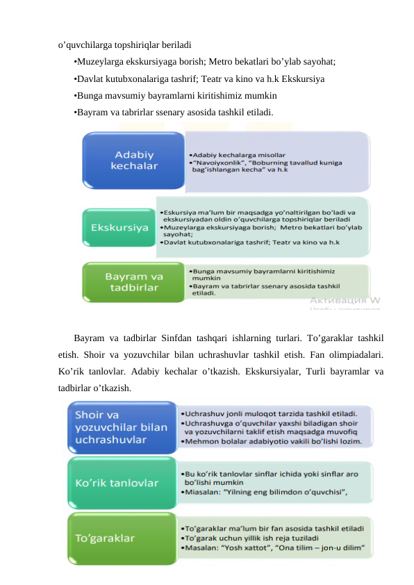 o’quvchilarga topshiriqlar beriladi 
•Muzeylarga ekskursiyaga borish; Metro bekatlari bo’ylab sayohat; 
•Davlat kutubxonalariga tashrif; Teatr va kino va h.k Ekskursiya 
•Bunga mavsumiy bayramlarni kiritishimiz mumkin 
•Bayram va tabrirlar ssenary asosida tashkil etiladi. 
Bayram va tadbirlar Sinfdan tashqari ishlarning turlari. To’garaklar tashkil
etish. Shoir va yozuvchilar bilan uchrashuvlar tashkil etish. Fan olimpiadalari.
Ko’rik tanlovlar. Adabiy kechalar o’tkazish. Ekskursiyalar, Turli bayramlar va
tadbirlar o’tkazish. 
