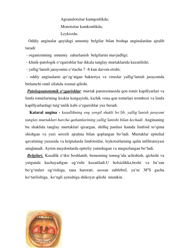                                   Agranulotsitar kamqonlikda; 
                                  Monotsitar kamkonlikda; 
                                  Leykozda. 
   Oddiy anginalar quyidagi umumiy belgilar bilan boshqa anginalardan ajralib 
turadi: 
 - organizmning  umumiy  zaharlanish  belgilarini mavjudligi; 
 - klinik-patologik o‘zgarishlar har ikkala tanglay murtaklarida kuzatilishi; 
 - yallig‘lanish jarayonini o‘rtacha 7 -8 kun davom etishi; 
 - oddiy anginalarni qo‘zg‘atgan bakteriya va viruslar yallig‘lanish jarayonida 
birlamchi omil sifatida xizmat qilishi. 
  Patologoanotomik o‘zgarishlar: murtak parenximasida qon tomir kapillyarlari va 
limfa tomirlarining keskin kengayishi, kichik vena qon tomirlari trombozi va limfa 
kapillyarlardagi turg‘unlik kabi o‘zgarishlar yuz beradi.                                                         
    Kataral angina - kasallikning eng yengil shakli bo‘lib, yallig‘lanish jarayoni 
tanglay murtaklari barcha qatlamlarining yallig‘lanishi bilan kechadi. Anginaning 
bu shaklida tanglay murtaklari qizargan, shilliq pardasi hamda limfoid to‘qima 
shishgan va yuzi serozli ajralma bilan qoplangan bo‘ladi. Murtaklar epitelial 
qavatining yuzasida va kriptalarda limfotsitlar, leykotsitlarning qalin infiltratsiyasi 
aniqlanadi. Ayrim maydonlarda epiteliy yumshagan va muguzlangan bo‘ladi.  
  Belgilari. Kasallik o‘tkir boshlanib, bemorning tomog‘ida achishish, qichishi va 
yutganda kuchayadigan og‘rishi kuzatiladi.U holsizlikka,boshi va ba’zan 
bo‘g‘imlari og‘rishiga, tana harorati, asosan subfebril, ya’ni 380S gacha  
ko‘tarilishiga,  ko‘ngli aynishiga shikoyat qilishi  mumkin.  
 
