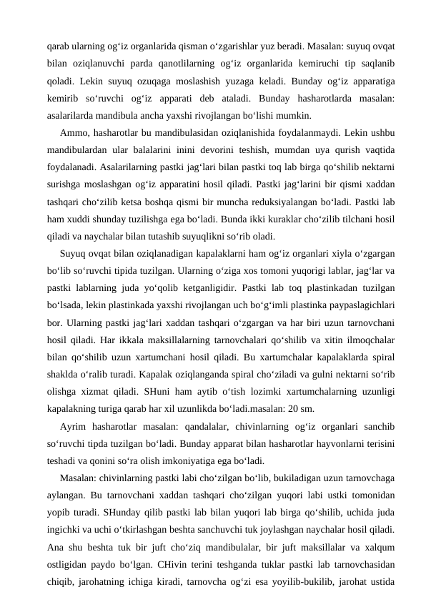 qarab ularning og‘iz organlarida qisman o‘zgarishlar yuz beradi. Masalan: suyuq ovqat
bilan  oziqlanuvchi  parda  qanotlilarning  og‘iz  organlarida  kemiruchi  tip  saqlanib
qoladi. Lekin suyuq ozuqaga moslashish yuzaga keladi. Bunday og‘iz apparatiga
kemirib  so‘ruvchi  og‘iz  apparati  deb  ataladi.  Bunday  hasharotlarda  masalan:
asalarilarda mandibula ancha yaxshi rivojlangan bo‘lishi mumkin.
Ammo, hasharotlar bu mandibulasidan oziqlanishida foydalanmaydi. Lekin ushbu
mandibulardan ular  balalarini  inini devorini  teshish,  mumdan uya qurish vaqtida
foydalanadi. Asalarilarning pastki jag‘lari bilan pastki toq lab birga qo‘shilib nektarni
surishga moslashgan og‘iz apparatini hosil qiladi. Pastki jag‘larini bir qismi xaddan
tashqari cho‘zilib ketsa boshqa qismi bir muncha reduksiyalangan bo‘ladi. Pastki lab
ham xuddi shunday tuzilishga ega bo‘ladi. Bunda ikki kuraklar cho‘zilib tilchani hosil
qiladi va naychalar bilan tutashib suyuqlikni so‘rib oladi.
Suyuq ovqat bilan oziqlanadigan kapalaklarni ham og‘iz organlari xiyla o‘zgargan
bo‘lib so‘ruvchi tipida tuzilgan. Ularning o‘ziga xos tomoni yuqorigi lablar, jag‘lar va
pastki lablarning juda yo‘qolib ketganligidir. Pastki lab toq plastinkadan tuzilgan
bo‘lsada, lekin plastinkada yaxshi rivojlangan uch bo‘g‘imli plastinka paypaslagichlari
bor. Ularning pastki jag‘lari xaddan tashqari o‘zgargan va har biri uzun tarnovchani
hosil qiladi. Har ikkala maksillalarning tarnovchalari qo‘shilib va xitin ilmoqchalar
bilan qo‘shilib uzun xartumchani hosil qiladi. Bu xartumchalar kapalaklarda spiral
shaklda o‘ralib turadi. Kapalak oziqlanganda spiral cho‘ziladi va gulni nektarni so‘rib
olishga xizmat qiladi. SHuni ham aytib o‘tish lozimki xartumchalarning uzunligi
kapalakning turiga qarab har xil uzunlikda bo‘ladi.masalan: 20 sm.
Ayrim  hasharotlar  masalan:  qandalalar,  chivinlarning  og‘iz  organlari  sanchib
so‘ruvchi tipda tuzilgan bo‘ladi. Bunday apparat bilan hasharotlar hayvonlarni terisini
teshadi va qonini so‘ra olish imkoniyatiga ega bo‘ladi.
Masalan: chivinlarning pastki labi cho‘zilgan bo‘lib, bukiladigan uzun tarnovchaga
aylangan. Bu tarnovchani xaddan tashqari cho‘zilgan yuqori labi ustki tomonidan
yopib turadi. SHunday qilib pastki lab bilan yuqori lab birga qo‘shilib, uchida juda
ingichki va uchi o‘tkirlashgan beshta sanchuvchi tuk joylashgan naychalar hosil qiladi.
Ana shu beshta tuk bir juft cho‘ziq mandibulalar, bir juft maksillalar va xalqum
ostligidan paydo bo‘lgan. CHivin terini teshganda tuklar pastki lab tarnovchasidan
chiqib, jarohatning ichiga kiradi, tarnovcha og‘zi esa yoyilib-bukilib, jarohat ustida
