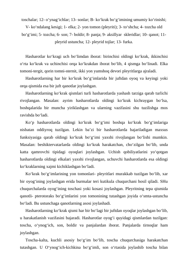 toschalar; 12- o‘ynag‘ichlar; 13- sonlar; B- ko‘krak bo‘g‘imining umumiy ko‘rinishi;
V- ko‘ndalang kesigi; 1- elka; 2- yon tomon (pleyriti); 3- to‘shcha; 4- tozcha old
bo‘g‘imi; 5- tozcha; 6- son; 7- boldir; 8- panja; 9- aksillyar  skleridlar; 10- qanot; 11-
pleyrid ustuncha; 12- pleyrid tojlar; 13- furka.
Hasharotlar ko‘kragi uch bo‘limdan iborat: birinchisi oldingi ko‘krak, ikkinchisi
o‘rta ko‘krak va uchinchisi orqa ko‘krakdan iborat bo‘lib, 4 qismga bo‘linadi. Elka
tomoni-tergit, qorin tomni-sternit, ikki yon yumshoq devori pleyritlarga ajraladi.
Hasharotlarning har bir ko‘krak bo‘g‘imlarida bir juftdan oyoq va keyingi yoki
orqa qismida esa bir juft qanotlar joylashgan.
Hasharotlarning ko‘krak qismlari turli hasharotlarda yashash tarziga qarab turlichi
rivojlangan.  Masalan:  ayrim  hasharotlarda  oldingi  ko‘krak  kichraygan  bo‘lsa,
boshqalarida  bir  muncha  yiriklashgan  va  ularning  vazifasini  shu  tuzilishga  mos
ravishda bo‘ladi.
Ko‘p  hasharotlarda  oldingi  ko‘krak  bo‘g‘imi  boshqa  ko‘krak  bo‘g‘imlariga
nisbatan  oddiyroq  tuzilgan.  Lekin  ba’zi  bir  hasharotlarda  bajariladigan  maxsus
funksiyasiga qarab oldingi ko‘krak bo‘g‘imi yaxshi rivojlangan bo‘lishi mumkin.
Masalan: beshiktervatarlarda oldingi ko‘krak harakatchan, cho‘zilgan bo‘lib, unda
katta  qamrovchi  tipidagi  oyoqlari  joylashgan.  Uchish  qobiliyatlarini  yo‘qotgan
hasharotlarda oldingi elkalari yaxshi rivojlangan, uchuvchi hasharotlarda esa oldingi
ko‘kraklarning xajmi kichiklashgan bo‘ladi.
Ko‘krak bo‘g‘imlarining yon tomonlari- pleyritlari murakkab tuzilgan bo‘lib, xar
bir oyog‘ining joylashgan erida burmalar teri kutikula chuqurchani hosil qiladi. SHu
chuqurchalarda oyog‘ining toschasi yoki kosasi joylashgan. Pleyritning tepa qismida
qanotli- pterotoraks bo‘g‘imlarini yon tomonining tutashgan joyida o‘smta-ustuncha
bo‘ladi. Bu ustunchaga qanotlarning asosi joylashadi.
Hasharotlarning ko‘krak qismi har bir bo‘lagi bir juftdan oyoqlar joylashgan bo‘lib,
u harakatlanish vazifasini bajaradi. Hasharotlar oyog‘i quyidagi qismlardan tuzilgan:
toscha,  o‘ynog‘ich,  son,  boldir  va  panjalardan  iborat.  Panjalarda  tirnoqlar  ham
joylashgan.
Toscha-kalta,  kuchli  asosiy  bo‘g‘im  bo‘lib,  toscha  chuqurchasiga  harakatchan
tutashgan.  U  O‘ynog‘ich-kichkina  bo‘g‘imli,  son  o‘rtasida  joylashib  toscha  bilan
