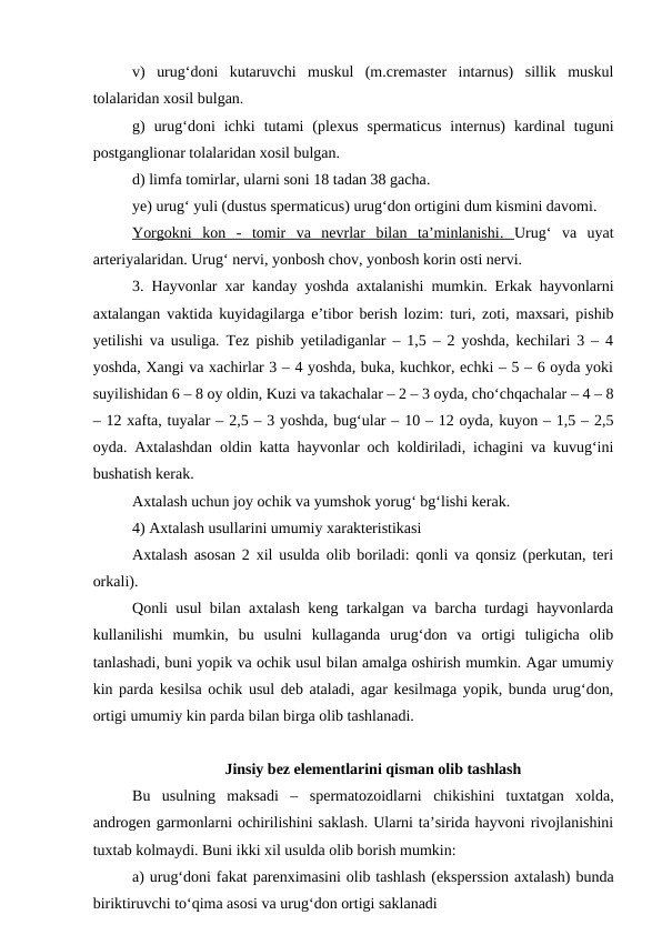 v)  urug‘doni  kutaruvchi  muskul  (m.cremaster  intarnus)  sillik  muskul
tolalaridan xosil bulgan.
g)  urug‘doni  ichki  tutami  (plexus  spermaticus  internus)  kardinal  tuguni
postganglionar tolalaridan xosil bulgan.
d) limfa tomirlar, ularni soni 18 tadan 38 gacha. 
ye) urug‘ yuli (dustus spermaticus) urug‘don ortigini dum kismini davomi.
Yorgokni  ko
 
 n  -  
 
 tomir  va  nevrlar  bilan  ta’minlanishi
 
 .  
  Urug‘  va  uyat
arteriyalaridan. Urug‘ nervi, yonbosh chov, yonbosh korin osti nervi. 
3. Hayvonlar xar kanday yoshda axtalanishi mumkin. Erkak hayvonlarni
axtalangan vaktida kuyidagilarga e’tibor berish lozim: turi, zoti, maxsari, pishib
yetilishi va usuliga. Tez pishib yetiladiganlar – 1,5 – 2 yoshda, kechilari 3 – 4
yoshda, Xangi va xachirlar 3 – 4 yoshda, buka, kuchkor, echki – 5 – 6 oyda yoki
suyilishidan 6 – 8 oy oldin, Kuzi va takachalar – 2 – 3 oyda, cho‘chqachalar – 4 – 8
– 12 xafta, tuyalar – 2,5 – 3 yoshda, bug‘ular – 10 – 12 oyda, kuyon – 1,5 – 2,5
oyda. Axtalashdan oldin katta hayvonlar och koldiriladi, ichagini va kuvug‘ini
bushatish kerak.
Axtalash uchun joy ochik va yumshok yorug‘ bg‘lishi kerak.
4) Axtalash usullarini umumiy xarakteristikasi 
Axtalash asosan 2 xil usulda olib boriladi: qonli va qonsiz (perkutan, teri
orkali).
Qonli usul bilan axtalash keng tarkalgan va barcha turdagi hayvonlarda
kullanilishi  mumkin,  bu  usulni  kullaganda  urug‘don  va  ortigi  tuligicha  olib
tanlashadi, buni yopik va ochik usul bilan amalga oshirish mumkin. Agar umumiy
kin parda kesilsa ochik usul deb ataladi, agar kesilmaga yopik, bunda urug‘don,
ortigi umumiy kin parda bilan birga olib tashlanadi.
Jinsiy bez elementlarini qisman olib tashlash
Bu  usulning maksadi  –  spermatozoidlarni  chikishini  tuxtatgan  xolda,
androgen garmonlarni ochirilishini saklash. Ularni ta’sirida hayvoni rivojlanishini
tuxtab kolmaydi. Buni ikki xil usulda olib borish mumkin:
a) urug‘doni fakat parenximasini olib tashlash (eksperssion axtalash) bunda
biriktiruvchi to‘qima asosi va urug‘don ortigi saklanadi
