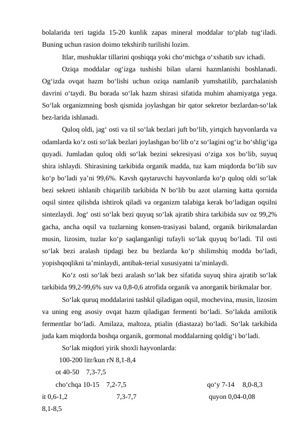 bolalarida  teri  tagida  15-20  kunlik  zapas  mineral  moddalar  to‘plab  tug‘iladi.
Buning uchun rasion doimo tekshirib turilishi lozim.
Itlar, mushuklar tillarini qoshiqqa yoki cho‘michga o‘xshatib suv ichadi.
Oziqa  moddalar  og‘izga  tushishi  bilan  ularni  hazmlanishi  boshlanadi.
Og‘izda  ovqat  hazm  bo‘lishi  uchun  oziqa namlanib  yumshatilib,  parchalanish
davrini o‘taydi. Bu borada so‘lak hazm shirasi sifatida muhim ahamiyatga yega.
So‘lak organizmning bosh qismida joylashgan bir qator sekretor bezlardan-so‘lak
bez-larida ishlanadi. 
Quloq oldi, jag‘ osti va til so‘lak bezlari juft bo‘lib, yirtqich hayvonlarda va
odamlarda ko‘z osti so‘lak bezlari joylashgan bo‘lib o‘z so‘lagini og‘iz bo‘shlig‘iga
quyadi. Jumladan quloq oldi so‘lak bezini sekresiyasi o‘ziga xos bo‘lib, suyuq
shira ishlaydi. Shirasining tarkibida organik madda, tuz kam miqdorda bo‘lib suv
ko‘p bo‘ladi ya’ni 99,6%. Kavsh qaytaruvchi hayvonlarda ko‘p quloq oldi so‘lak
bezi sekreti ishlanib chiqarilib tarkibida N bo‘lib bu azot ularning katta qornida
oqsil sintez qilishda ishtirok qiladi va organizm talabiga kerak bo‘ladigan oqsilni
sintezlaydi. Jog‘ osti so‘lak bezi quyuq so‘lak ajratib shira tarkibida suv oz 99,2%
gacha, ancha oqsil va tuzlarning konsen-trasiyasi baland, organik birikmalardan
musin, lizosim, tuzlar ko‘p saqlanganligi tufayli so‘lak quyuq bo‘ladi. Til osti
so‘lak  bezi  aralash  tipdagi  bez  bu  bezlarda  ko‘p  shilimshiq  modda  bo‘ladi,
yopishqoqlikni ta’minlaydi, antibak-terial xususiyatni ta’minlaydi. 
Ko‘z osti so‘lak bezi aralash so‘lak bez sifatida suyuq shira ajratib so‘lak
tarkibida 99,2-99,6% suv va 0,8-0,6 atrofida organik va anorganik birikmalar bor. 
So‘lak quruq moddalarini tashkil qiladigan oqsil, mochevina, musin, lizosim
va uning eng asosiy ovqat hazm qiladigan fermenti bo‘ladi. So‘lakda amilotik
fermentlar bo‘ladi. Amilaza, maltoza, ptialin (diastaza) bo‘ladi. So‘lak tarkibida
juda kam miqdorda boshqa organik, gormonal moddalarning qoldig‘i bo‘ladi. 
So‘lak miqdori yirik shoxli hayvonlarda: 
  100-200 litr/kun rN 8,1-8,4
ot 40-50    7,3-7,5 
cho‘chqa 10-15    7,2-7,5
 
   qo‘y 7-14    8,0-8,3        
it 0,6-1,2
  7,3-7,7
    quyon 0,04-0,08
  
8,1-8,5
