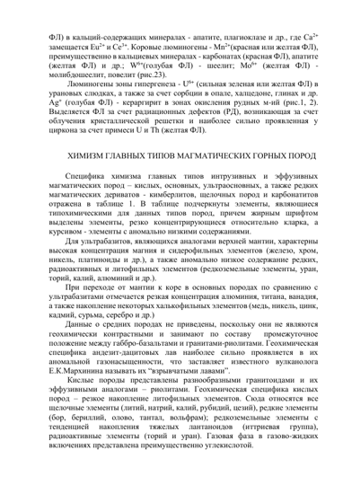 ФЛ) в кальций-содержащих минералах - апатите, плагиоклазе и др., где Са2+ 
замещается Еu2+ и Се3+. Коровые люминогены - Мn2+(красная или желтая ФЛ), 
преимущественно в кальциевых минералах - карбонатах (красная ФЛ), апатите 
(желтая ФЛ) и др.; W6+(голубая ФЛ) - шеелит; Мо6+ (желтая ФЛ) - 
молибдошеелит, повелит (рис.23). 
 Люминогены зоны гипергенеза - U6+ (сильная зеленая или желтая ФЛ) в 
урановых слюдках, а также за счет сорбции в опале, халцедоне, глинах и др. 
Аg+ (голубая ФЛ) - кераргирит в зонах окисления рудных м-ий (рис.1, 2). 
Выделяется ФЛ за счет радиационных дефектов (РД), возникающая за счет 
облучения кристаллической решетки и наиболее сильно проявленная у 
циркона за счет примеси U и Тh (желтая ФЛ). 
 
ХИМИЗМ ГЛАВНЫХ ТИПОВ МАГМАТИЧЕСКИХ ГОРНЫХ ПОРОД 
 
Специфика химизма главных типов интрузивных и эффузивных 
магматических пород – кислых, основных, ультраосновных, а также редких 
магматических дериватов - кимберлитов, щелочных пород и карбонатитов 
отражена в таблице 1. В таблице подчеркнуты элементы, являющиеся 
типохимическими для данных типов пород, причем жирным шрифтом 
выделены элементы, резко концентрирующиеся относительно кларка, а 
курсивом - элементы с аномально низкими содержаниями. 
Для ультрабазитов, являющихся аналогами верхней мантии, характерны 
высокая концентрация магния и сидерофильных элементов (железо, хром, 
никель, платиноиды и др.), а также аномально низкое содержание редких, 
радиоактивных и литофильных элементов (редкоземельные элементы, уран, 
торий, калий, алюминий и др.).  
При переходе от мантии к коре в основных породах по сравнению с 
ультрабазитами отмечается резкая концентрация алюминия, титана, ванадия, 
а также накопление некоторых халькофильных элементов (медь, никель, цинк, 
кадмий, сурьма, серебро и др.)  
Данные о средних породах не приведены, поскольку они не являются 
геохимически контрастными и занимают по составу  промежуточное 
положение между габбро-базальтами и гранитами-риолитами. Геохимическая 
специфика андезит-дацитовых лав наиболее сильно проявляется в их 
аномальной газонасыщенности, что заставляет известного вулканолога 
Е.К.Мархинина называть их “взрывчатыми лавами”.  
 Кислые породы представлены разнообразными гранитоидами и их 
эффузивными аналогами – риолитами. Геохимическая специфика кислых 
пород – резкое накопление литофильных элементов. Сюда относятся все 
щелочные элементы (литий, натрий, калий, рубидий, цезий), редкие элементы 
(бор, бериллий, олово, тантал, вольфрам); редкоземельные элементы с 
тенденцией 
накопления 
тяжелых 
лантаноидов 
(иттриевая 
группа), 
радиоактивные элементы (торий и уран). Газовая фаза в газово-жидких 
включениях представлена преимущественно углекислотой.  
