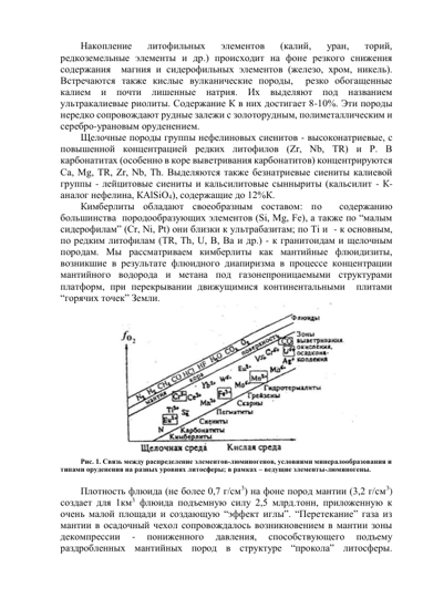 Накопление 
литофильных 
элементов 
(калий, 
уран, 
торий, 
редкоземельные элементы и др.) происходит на фоне резкого снижения 
содержания  магния и сидерофильных элементов (железо, хром, никель). 
Встречаются также кислые вулканические породы,  резко обогащенные 
калием и почти лишенные натрия. Их выделяют под названием 
ультракалиевые риолиты. Содержание К в них достигает 8-10%. Эти породы 
нередко сопровождают рудные залежи с золоторудным, полиметаллическим и 
серебро-урановым оруденением. 
Щелочные породы группы нефелиновых сиенитов - высоконатриевые, с 
повышенной концентрацией редких литофилов (Zr, Nb, TR) и Р. В 
карбонатитах (особенно в коре выветривания карбонатитов) концентрируются 
Са, Мg, ТR, Zr, Nb, Тh. Выделяются также безнатриевые сиениты калиевой 
группы - лейцитовые сиениты и кальсилитовые сынныриты (кальсилит - К-
аналог нефелина, КАlSiO4), содержащие до 12%К.  
Кимберлиты обладают своеобразным составом: по  содержанию 
большинства  породообразующих элементов (Si, Mg, Fe), а также по “малым  
сидерофилам” (Cr, Ni, Pt) они близки к ультрабазитам; по Тi и  - к основным, 
по редким литофилам (TR, Th, U, В, Ва и др.) - к гранитоидам и щелочным 
породам. Мы рассматриваем кимберлиты как мантийные флюидизиты, 
возникшие в результате флюидного диапиризма в процессе концентрации 
мантийного водорода и метана под газонепроницаемыми структурами 
платформ, при перекрывании движущимися континентальными  плитами 
“горячих точек” Земли. 
 
Рис. 1. Связь между распределение элементов-люминогенов, условиями минералообразования и 
типами оруденения на разных уровнях литосферы; в рамках – ведущие элементы-люминогены. 
 
Плотность флюида (не более 0,7 г/см3) на фоне пород мантии (3,2 г/см3) 
создает для 1км3 флюида подъемную силу 2,5 млрд.тонн, приложенную к 
очень малой площади и создающую “эффект иглы”. “Перетекание” газа из 
мантии в осадочный чехол сопровождалось возникновением в мантии зоны 
декомпрессии 
- 
пониженного 
давления, 
способствующего 
подъему 
раздробленных мантийных пород в структуре “прокола” литосферы. 
