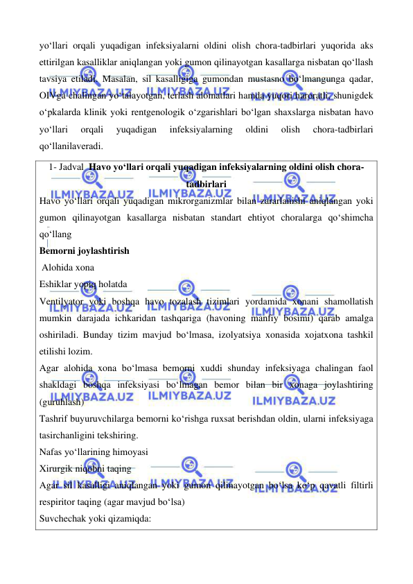  
 
 
 
yo‘llari orqali yuqadigan infeksiyalarni oldini olish chora-tadbirlari yuqorida aks 
ettirilgan kasalliklar aniqlangan yoki gumon qilinayotgan kasallarga nisbatan qo‘llash 
tavsiya etiladi. Masalan, sil kasalligiga gumondan mustasno bo‘lmangunga qadar, 
OIVga chalingan yo‘talayotgan, terlash alomatlari hamda yuqori haroratli, shunigdek 
o‘pkalarda klinik yoki rentgenologik o‘zgarishlari bo‘lgan shaxslarga nisbatan havo 
yo‘llari 
orqali 
yuqadigan 
infeksiyalarning 
oldini 
olish 
chora-tadbirlari 
qo‘llanilaveradi. 
1- Jadval  Havo yo‘llari orqali yuqadigan infeksiyalarning oldini olish chora-
tadbirlari 
Havo yo‘llari orqali yuqadigan mikrorganizmlar bilan zararlanishi aniqlangan yoki 
gumon qilinayotgan kasallarga nisbatan standart ehtiyot choralarga qo‘shimcha 
qo‘llang 
Bemorni joylashtirish     
 Alohida xona 
Eshiklar yopiq holatda 
Ventilyator yoki boshqa havo tozalash tizimlari yordamida xonani shamollatish 
mumkin darajada ichkaridan tashqariga (havoning manfiy bosimi) qarab amalga 
oshiriladi. Bunday tizim mavjud bo‘lmasa, izolyatsiya xonasida xojatxona tashkil 
etilishi lozim. 
Agar alohida xona bo‘lmasa bemorni xuddi shunday infeksiyaga chalingan faol 
shakldagi boshqa infeksiyasi bo‘lmagan bemor bilan bir xonaga joylashtiring 
(guruhlash) 
Tashrif buyuruvchilarga bemorni ko‘rishga ruxsat berishdan oldin, ularni infeksiyaga 
tasirchanligini tekshiring. 
Nafas yo‘llarining himoyasi 
Xirurgik niqobni taqing 
Agar sil kasalligi aniqlangan yoki gumon qilinayotgan bo‘lsa ko‘p qavatli filtirli 
respiritor taqing (agar mavjud bo‘lsa) 
Suvchechak yoki qizamiqda: 
