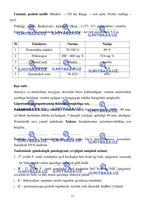  
 
12 
Umumiy peshob taxlili: Mikdori  – 150 ml; Rangi  – och sarik; Nisbiy zichligi – 
1015 
Tinkligi  – tinik;  Reaksiyasi – kislotali;  Oksil – 1,127;  O’t  pigmentlari – manfiy;  
Epiteliy – ko‘rish maydonida 2-3ta;  Leykotsitlar – ko‘rish maydonida 5-6 ta. 
 
№ 
Tekshiruv  
Norma 
Natija 
1 
Protrombin indeksi 
70-100 % 
89 % 
2 
Fibrinogen 
200 – 400 mg % 
524 mg % 
3 
Etanol testi 
Manfiy 
manfiy 
4 
Trombotest 
V st 
V st 
5 
Gematokrit soni 
38-42% 
40% 
 
Kuz tubi: 
Arteriya va arteriolalar toraygan, devorlari biroz kalinlashgan; venalar arteriiolalar 
xisobiga bosilgan, venalar egilgan va kengaygan (talaba bosqichini aniqlaydi). 
Gipertonik angiopatiyaning ikkinchi bosqichiga xos. 
Bachadonni UTT: Exogrammada 1 xomila, boshi bachadon tubida, BPR – 89 mm, 
yo‘ldosh bachadon tubida joylashgan, 3 darajali yetilgan, qalinligi 40 mm, shishgan. 
Xomilaoldi suvi yetarli mikdorda. Xulosa: fetoplatsentar yetishmovchilikka xos 
belgilar. 
 
Tashxis: Asosiy: Xomiladorlik III, 36-37 xafta. Og‘ir preeklampsiya. Asoratlari: 
Surunkali DVS-sindrom.  
Tashxislash (ginekologik patologiyani yo‘qligini aniqlash uchun) 
1. 27 yoshli F  ismli xomilador ayol kechadan beri bosh og‘rishi, epigastriy soxasida  
bo‘lishi va ikki marta qusishga shikoyat qilib keldi.  
• 
P – 27 yoshli F  ismli xomilador ayol kechadan beri bosh og‘rishi, epigastriy 
soxasida bo‘lishi va ikki marta qusishga shikoyat qiladi 
• 
I – shikoyatlari, anamnez morbi (qachon, gestatsiya muddati) 
• 
C – proteinuriyaga peshob topshirish, sistolik yoki diastolik AQBni o‘lchash   
