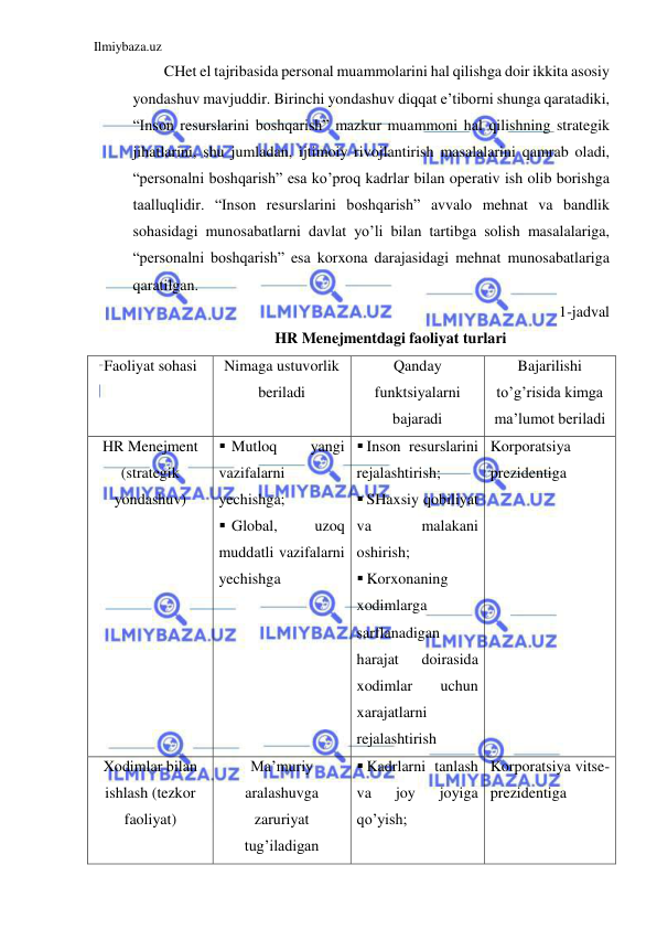 Ilmiybaza.uz 
 
CHet el tajribasida personal muammolarini hal qilishga doir ikkita asosiy 
yondashuv mavjuddir. Birinchi yondashuv diqqat e’tiborni shunga qaratadiki, 
“Inson resurslarini boshqarish” mazkur muammoni hal qilishning strategik 
jihatlarini, shu jumladan, ijtimoiy rivojlantirish masalalarini qamrab oladi, 
“personalni boshqarish” esa ko’proq kadrlar bilan operativ ish olib borishga 
taalluqlidir. “Inson resurslarini boshqarish” avvalo mehnat va bandlik 
sohasidagi munosabatlarni davlat yo’li bilan tartibga solish masalalariga, 
“personalni boshqarish” esa korxona darajasidagi mehnat munosabatlariga 
qaratilgan.  
1-jadval 
HR Menejmentdagi faoliyat turlari 
Faoliyat sohasi 
Nimaga ustuvorlik 
beriladi 
Qanday 
funktsiyalarni 
bajaradi 
Bajarilishi 
to’g’risida kimga 
ma’lumot beriladi 
HR Menejment 
(strategik 
yondashuv) 
 Mutloq 
yangi 
vazifalarni 
yechishga; 
 Global, 
uzoq 
muddatli vazifalarni 
yechishga 
 Inson resurslarini 
rejalashtirish; 
 SHaxsiy qobiliyat 
va 
malakani 
oshirish; 
 Korxonaning 
xodimlarga 
sarflanadigan 
harajat 
doirasida 
xodimlar 
uchun 
xarajatlarni 
rejalashtirish 
Korporatsiya 
prezidentiga 
Xodimlar bilan 
ishlash (tezkor 
faoliyat) 
Ma’muriy 
aralashuvga 
zaruriyat 
tug’iladigan 
 Kadrlarni tanlash 
va 
joy 
joyiga 
qo’yish; 
Korporatsiya vitse-
prezidentiga 
