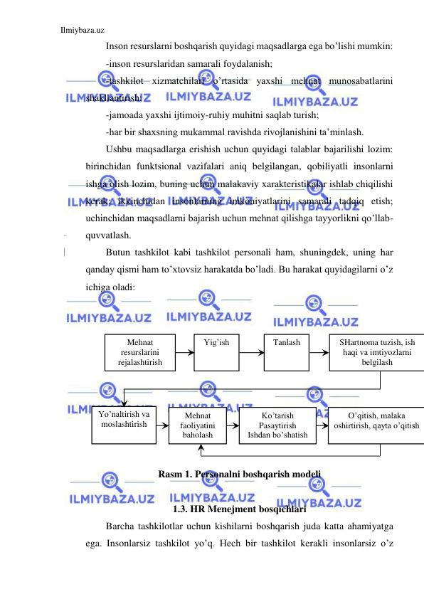 Ilmiybaza.uz 
 
Inson resurslarni boshqarish quyidagi maqsadlarga ega bo’lishi mumkin:  
-inson resurslaridan samarali foydalanish; 
-tashkilot xizmatchilari o’rtasida yaxshi mehnat munosabatlarini 
shakllantirish; 
-jamoada yaxshi ijtimoiy-ruhiy muhitni saqlab turish; 
-har bir shaxsning mukammal ravishda rivojlanishini ta’minlash. 
Ushbu maqsadlarga erishish uchun quyidagi talablar bajarilishi lozim: 
birinchidan funktsional vazifalari aniq belgilangan, qobiliyatli insonlarni 
ishga olish lozim, buning uchun malakaviy xarakteristikalar ishlab chiqilishi 
kerak; ikkinchidan insonlarning imkoniyatlarini samarali tadqiq etish; 
uchinchidan maqsadlarni bajarish uchun mehnat qilishga tayyorlikni qo’llab-
quvvatlash. 
Butun tashkilot kabi tashkilot personali ham, shuningdek, uning har 
qanday qismi ham to’xtovsiz harakatda bo’ladi. Bu harakat quyidagilarni o’z 
ichiga oladi: 
   
Rasm 1. Personalni boshqarish modeli 
 
1.3. HR Menejment bosqichlari 
Barcha tashkilotlar uchun kishilarni boshqarish juda katta ahamiyatga 
ega. Insonlarsiz tashkilot yo’q. Hech bir tashkilot kerakli insonlarsiz o’z 
Mehnat 
resurslarini 
rejalashtirish 
 
Yig’ish 
 
Tanlash 
 
SHartnoma tuzish, ish 
haqi va imtiyozlarni 
belgilash 
 
Mehnat 
faoliyatini 
baholash 
 
Ko’tarish 
Pasaytirish 
Ishdan bo’shatish 
 
O’qitish, malaka 
oshirtirish, qayta o’qitish 
 
Yo’naltirish va 
moslashtirish 
 
