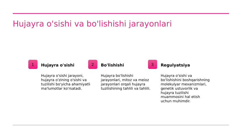 Hujayra o'sishi va bo'lishishi jarayonlari
1
Hujayra o'sishi
Hujayra o'sishi jarayoni, 
hujayra o'zining o'sishi va 
tuzilishi bo'yicha ahamiyatli 
ma'lumotlar ko'rsatadi.
2
Bo'lishishi
Hujayra bo'lishishi 
jarayonlari, mitoz va meioz 
jarayonlari orqali hujayra 
tuzilishining tahlili va tahlili.
3
Regulyatsiya
Hujayra o'sishi va 
bo'lishishini boshqarishning 
molekulyar mexanizmlari, 
genetik ustuvorlik va 
hujayra tuzilishi 
muammosini hal etish 
uchun muhimdir.
